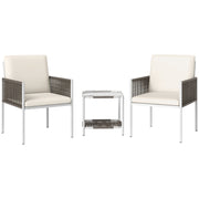 Outsunny Conjunto de Jardín Exterior de 3 Piezas Juego de 2 Sillas y Mesa de Ratán con Cojines Acolchados y Encimera de Vidrio para Balcón Terraza Marrón y Crema