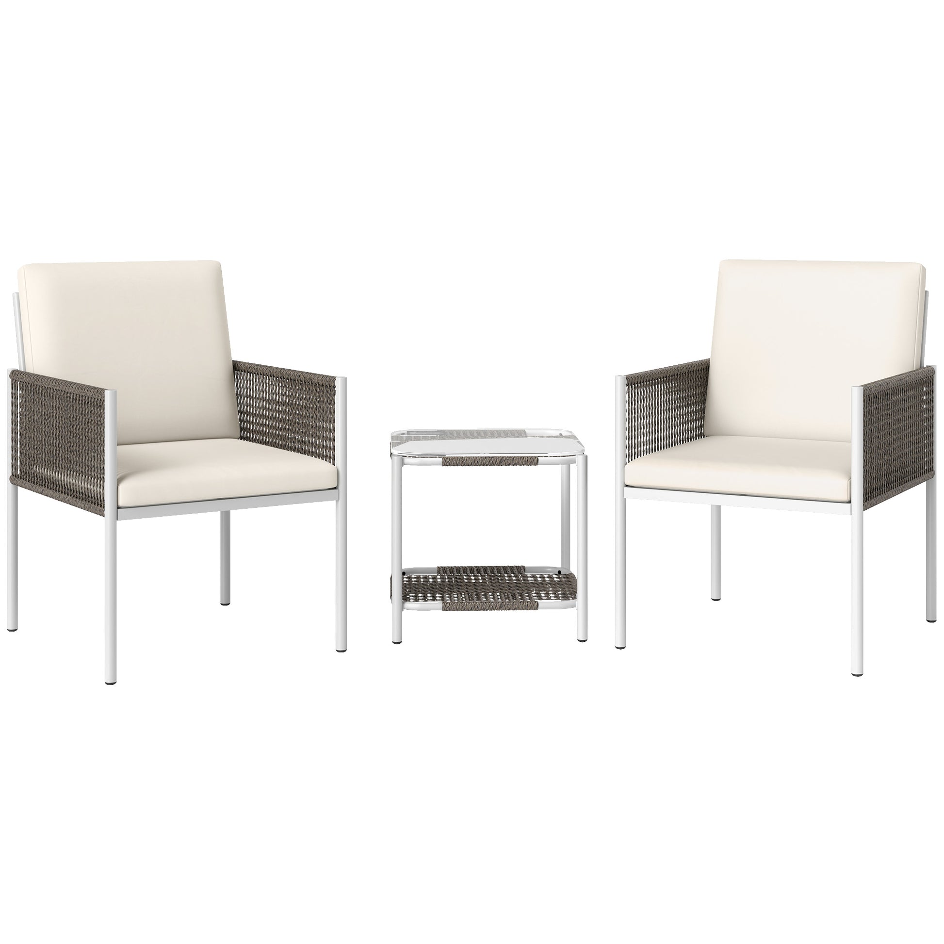 Outsunny Conjunto de Jardín Exterior de 3 Piezas Juego de 2 Sillas y Mesa de Ratán con Cojines Acolchados y Encimera de Vidrio para Balcón Terraza Marrón y Crema