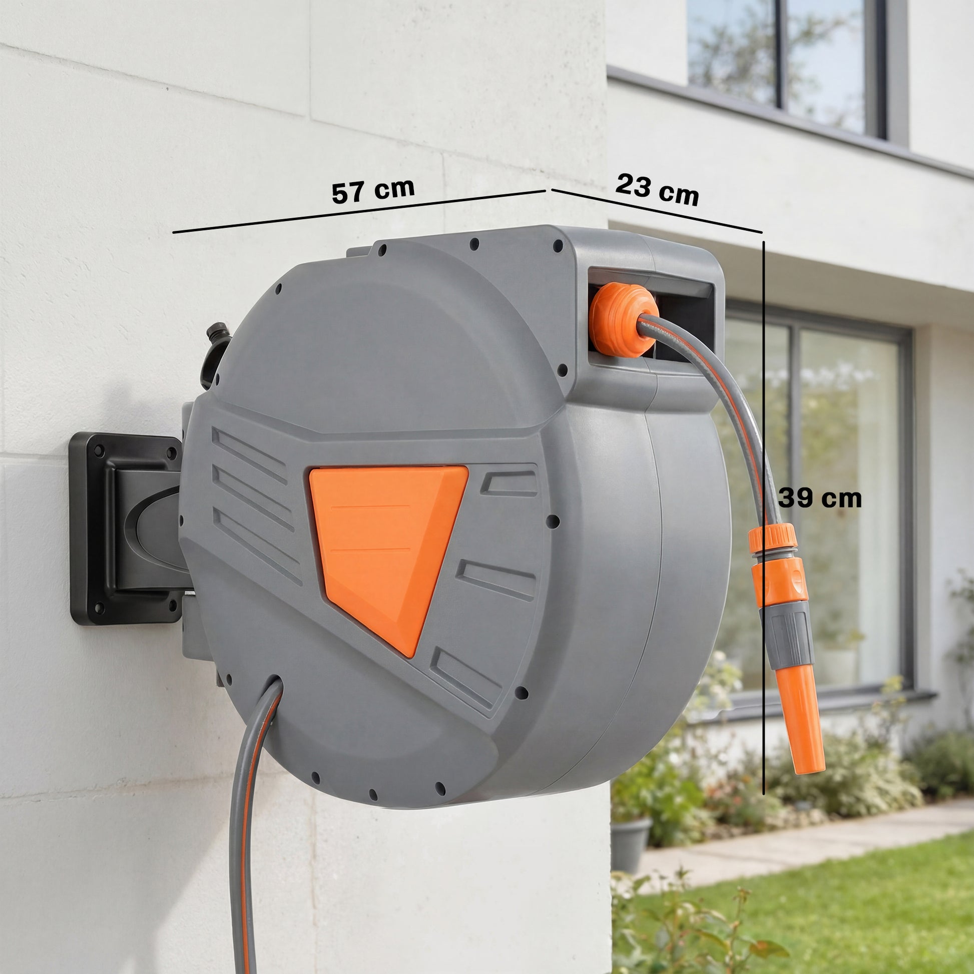 Outsunny Enrollador de Manguera para Jardín 30+2 m con Boquilla de 2 Modos, Carrete de Manguera de Jardín de Pared con Bloqueo Automático y Retracción Controlada, Soporte Orientable 180°, Naranja