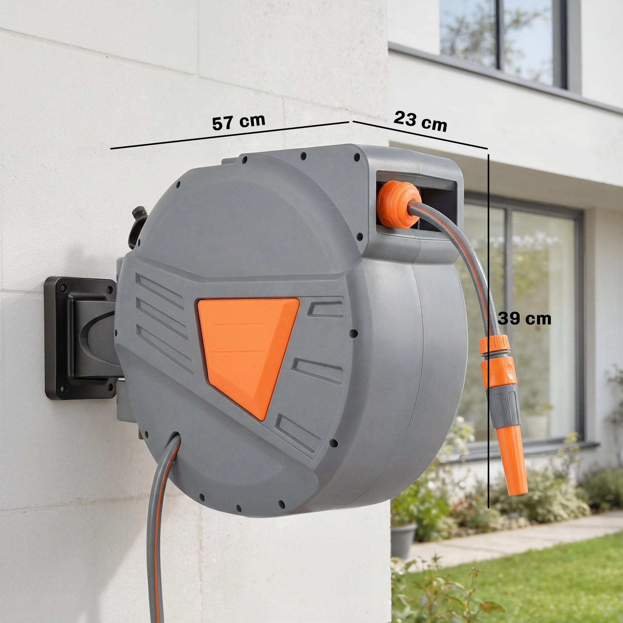 Outsunny Enrollador de Manguera para Jardín 30+2 m con Boquilla de 2 Modos, Carrete de Manguera de Jardín de Pared con Bloqueo Automático y Retracción Controlada, Soporte Orientable 180°, Naranja