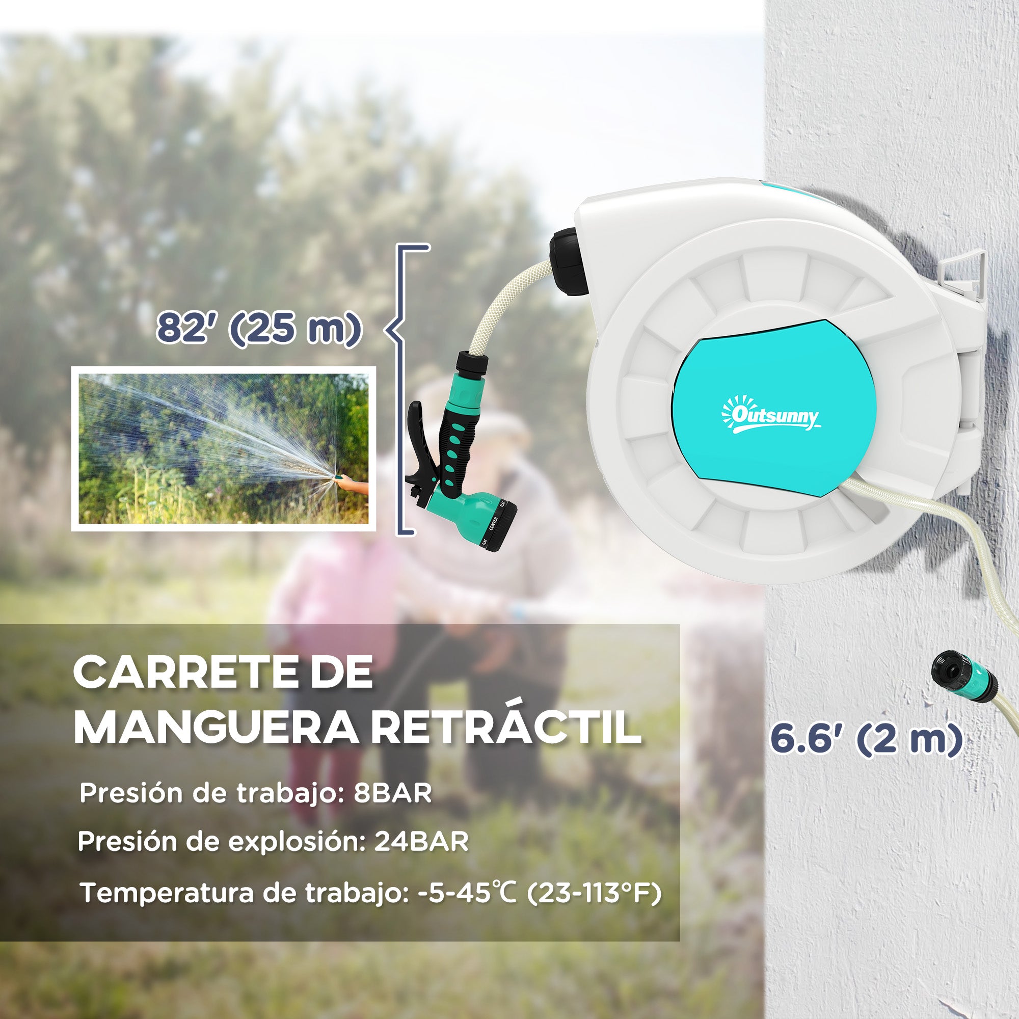 Outsunny Enrollador de Manguera para Jardín 25+2 m con Boquilla de 7 Funciones Carrete de Manguera de Jardín de Pared Giro de 180° Manguera Enrollable con Bloqueo Retorno Automático Gris Claro