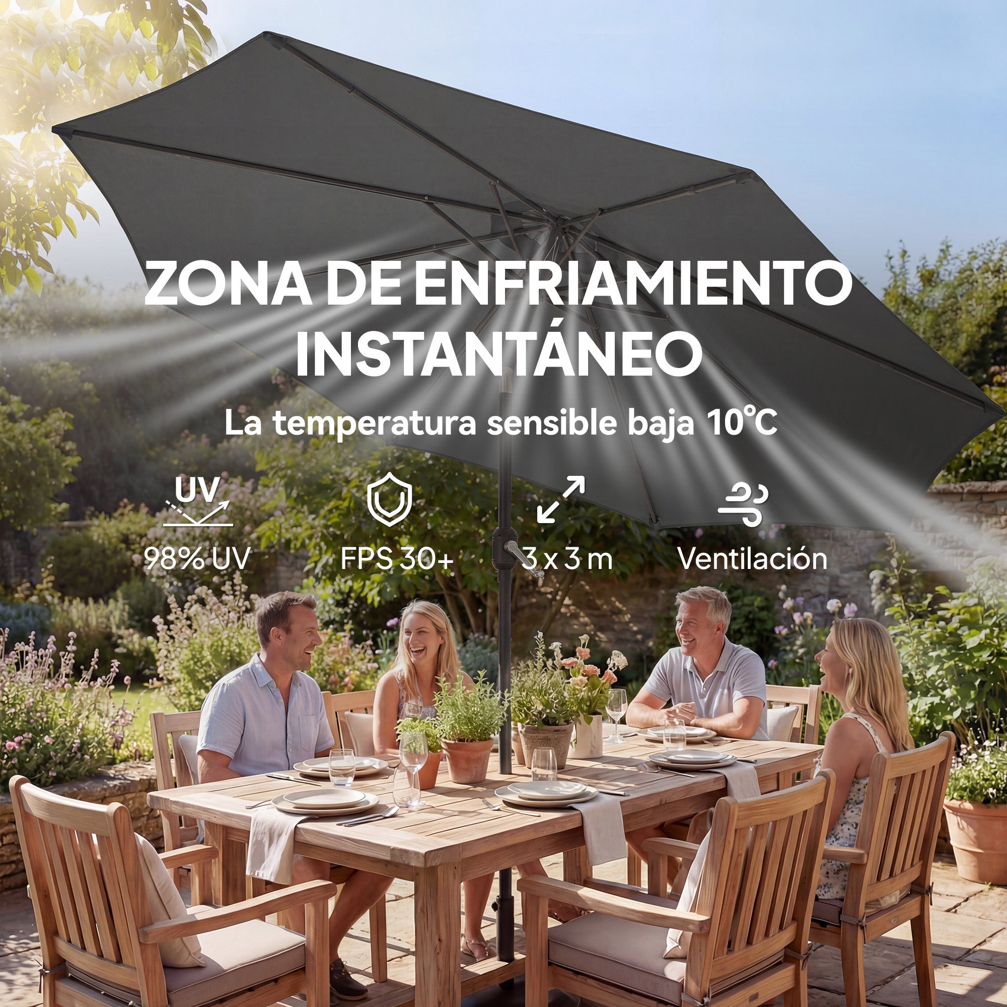 Outsunny Sombrilla Terraza Exterior, 3x3 m, Sombrilla de Jardín con Base, Bolsa de Arena, Manivela, Inclinación Ajustable, Costillas Retráctiles, Parasol para Patio, Terraza, Gris Oscuro