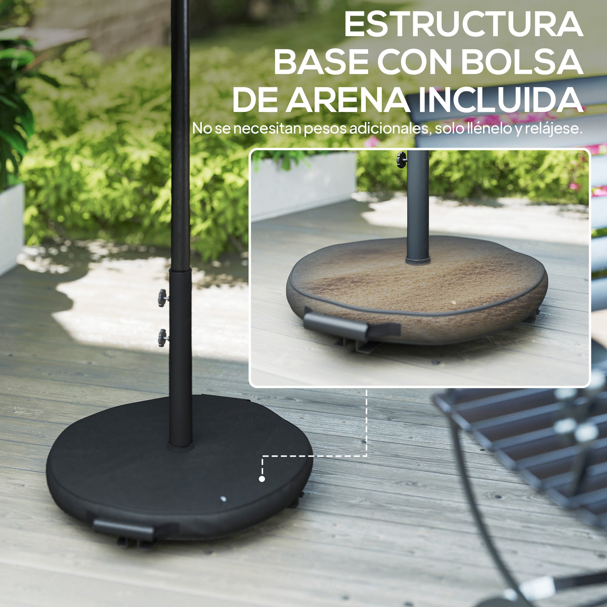 Outsunny Sombrilla Terraza Exterior, 3x3 m, Sombrilla de Jardín con Base, Bolsa de Arena, Manivela, Inclinación Ajustable, Costillas Retráctiles, Parasol para Patio, Terraza, Gris Oscuro