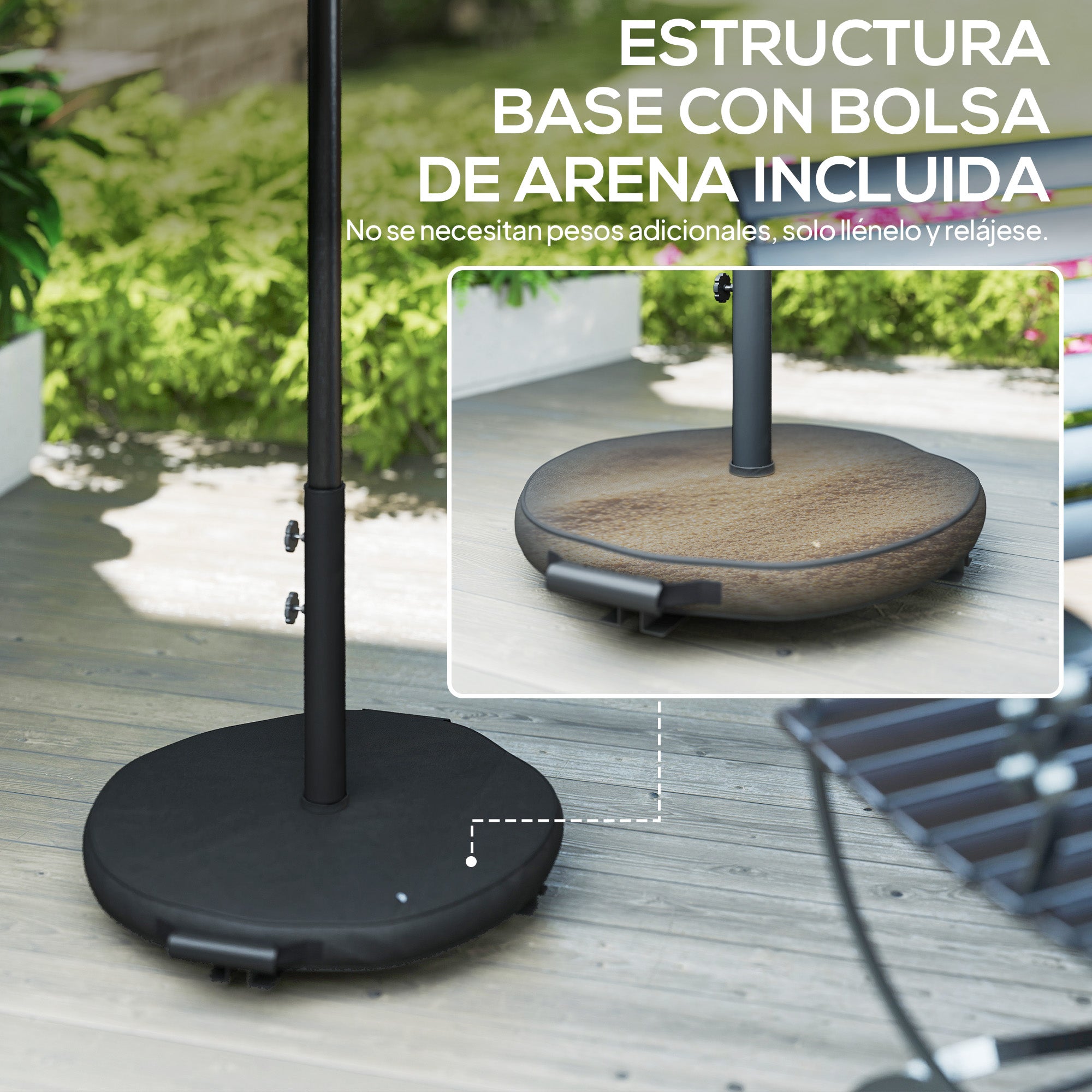 Outsunny Sombrilla Terraza Exterior, 3x3 m, Sombrilla de Jardín con Base, Bolsa de Arena, Manivela, Inclinación Ajustable, Costillas Retráctiles, Parasol para Patio, Terraza, Gris Oscuro