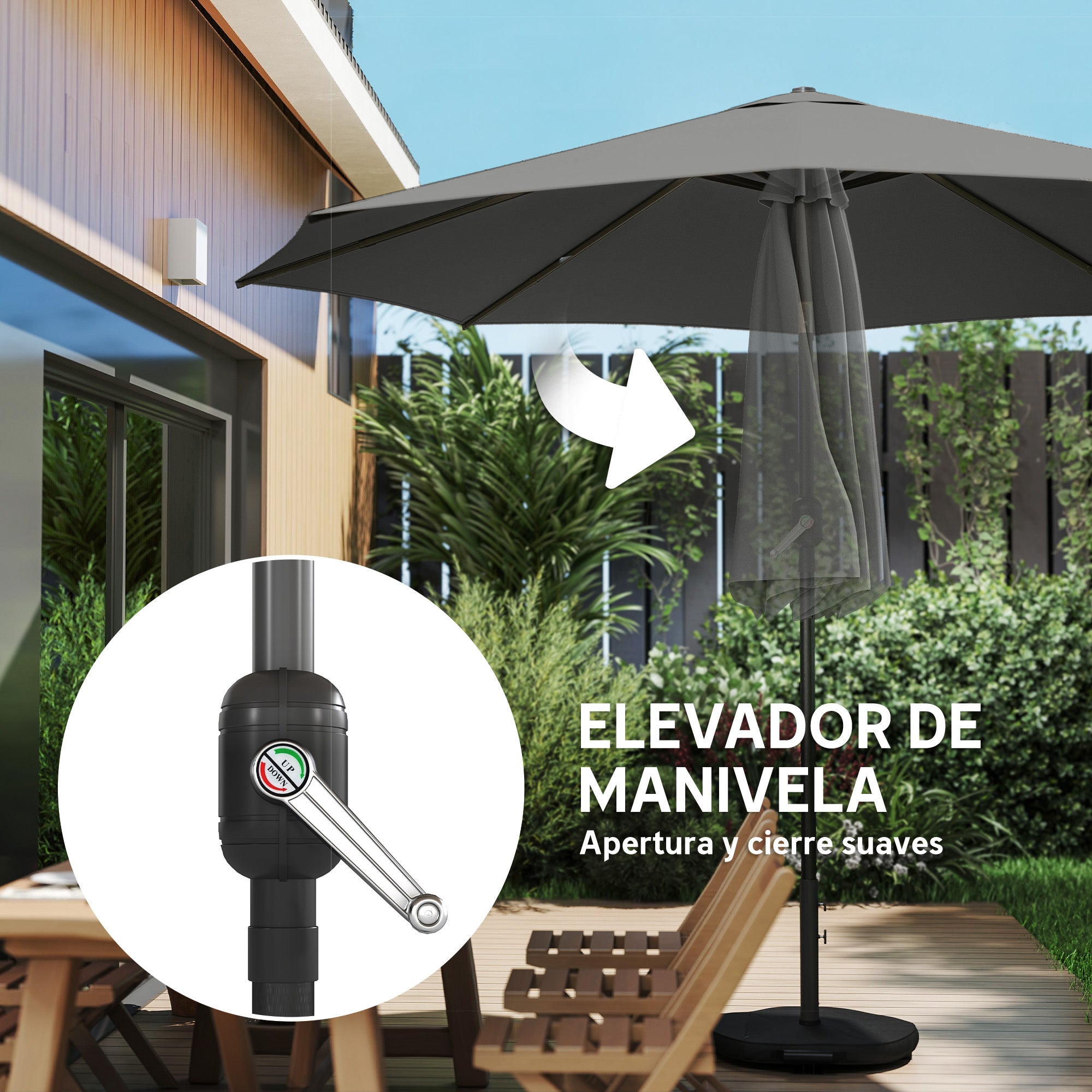 Outsunny Sombrilla Terraza Exterior, 3x3 m, Sombrilla de Jardín con Base, Bolsa de Arena, Manivela, Inclinación Ajustable, Costillas Retráctiles, Parasol para Patio, Terraza, Gris Oscuro