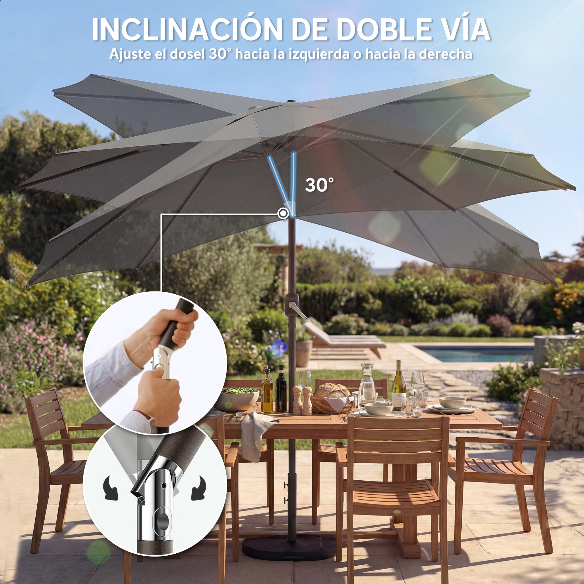 Outsunny Sombrilla Terraza Exterior, 3x3 m, Sombrilla de Jardín con Base, Bolsa de Arena, Manivela, Inclinación Ajustable, Costillas Retráctiles, Parasol para Patio, Terraza, Gris Oscuro