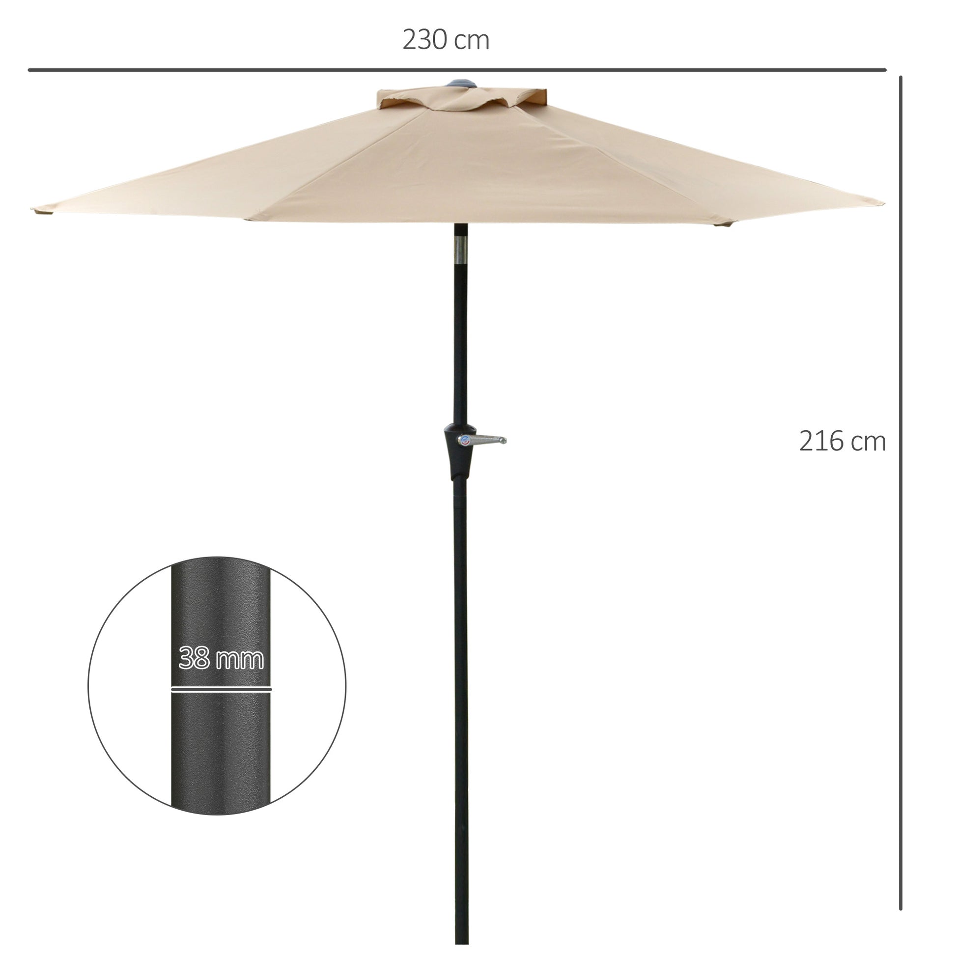 Outsunny Sombrilla Terraza Exterior Ø230 cm Sombrilla de Jardín con Ángulo Ajustable y Manivela Impermeable Parasol para Patio Terraza Caqui