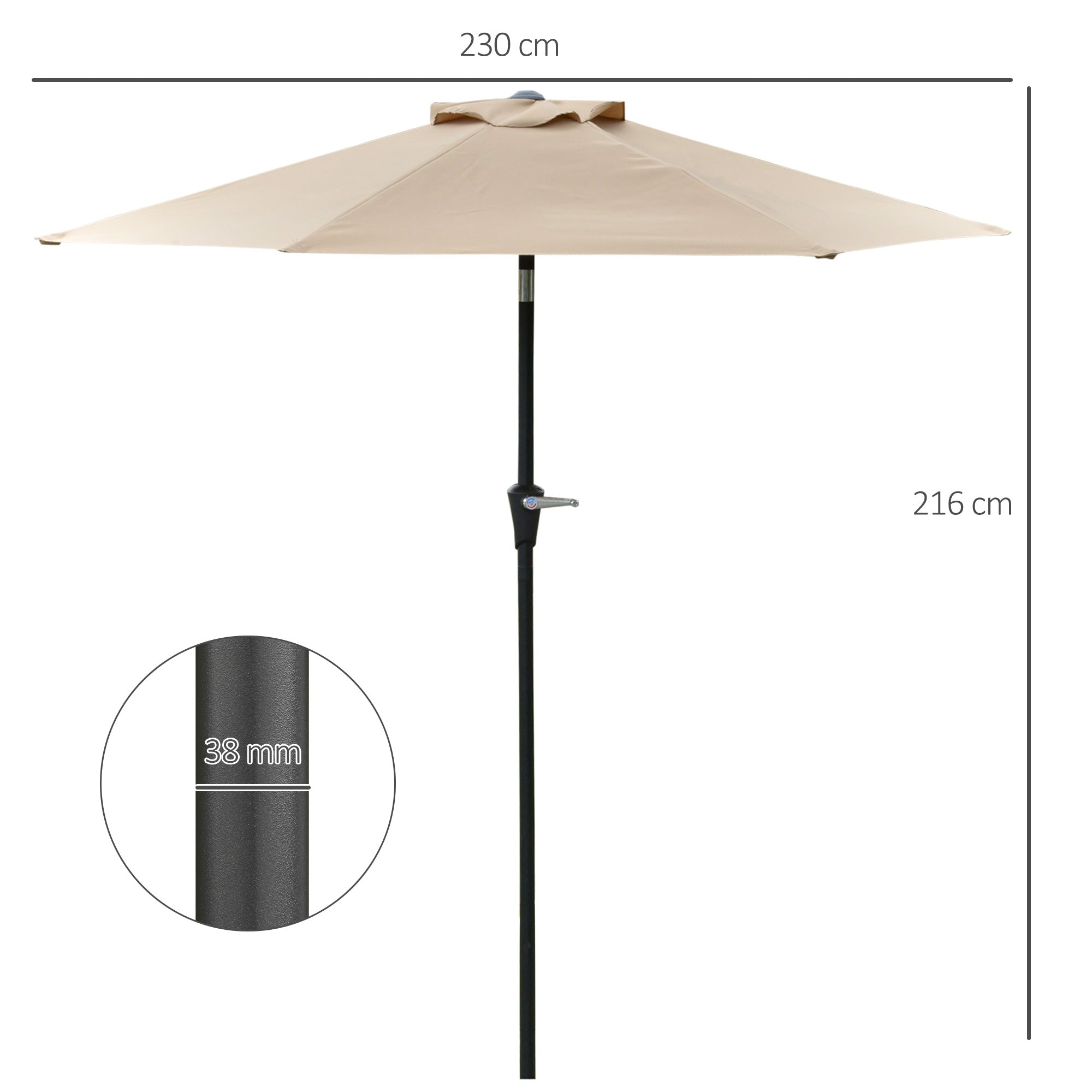 Outsunny Sombrilla Terraza Exterior Ø230 cm Sombrilla de Jardín con Ángulo Ajustable y Manivela Impermeable Parasol para Patio Terraza Caqui