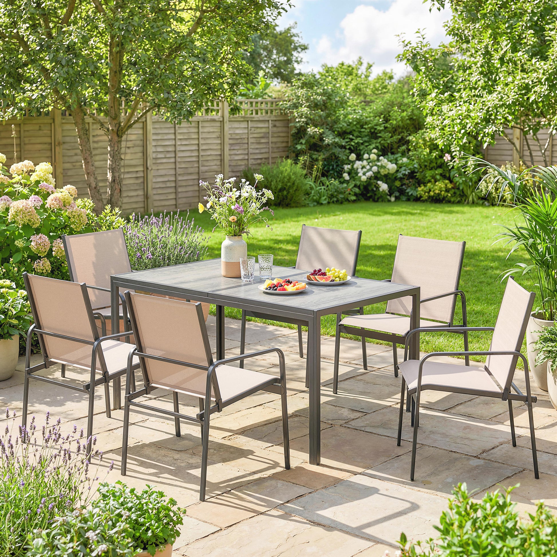 Outsunny Conjunto de Mesa y Sillas Jardín de 7 Piezas, Muebles de Jardín Exterior con Mesa de Efecto Madera y 6 Sillas con Asiento Transpirable, Marco de Acero Galvanizado, para Terraza, Patio, Caqui