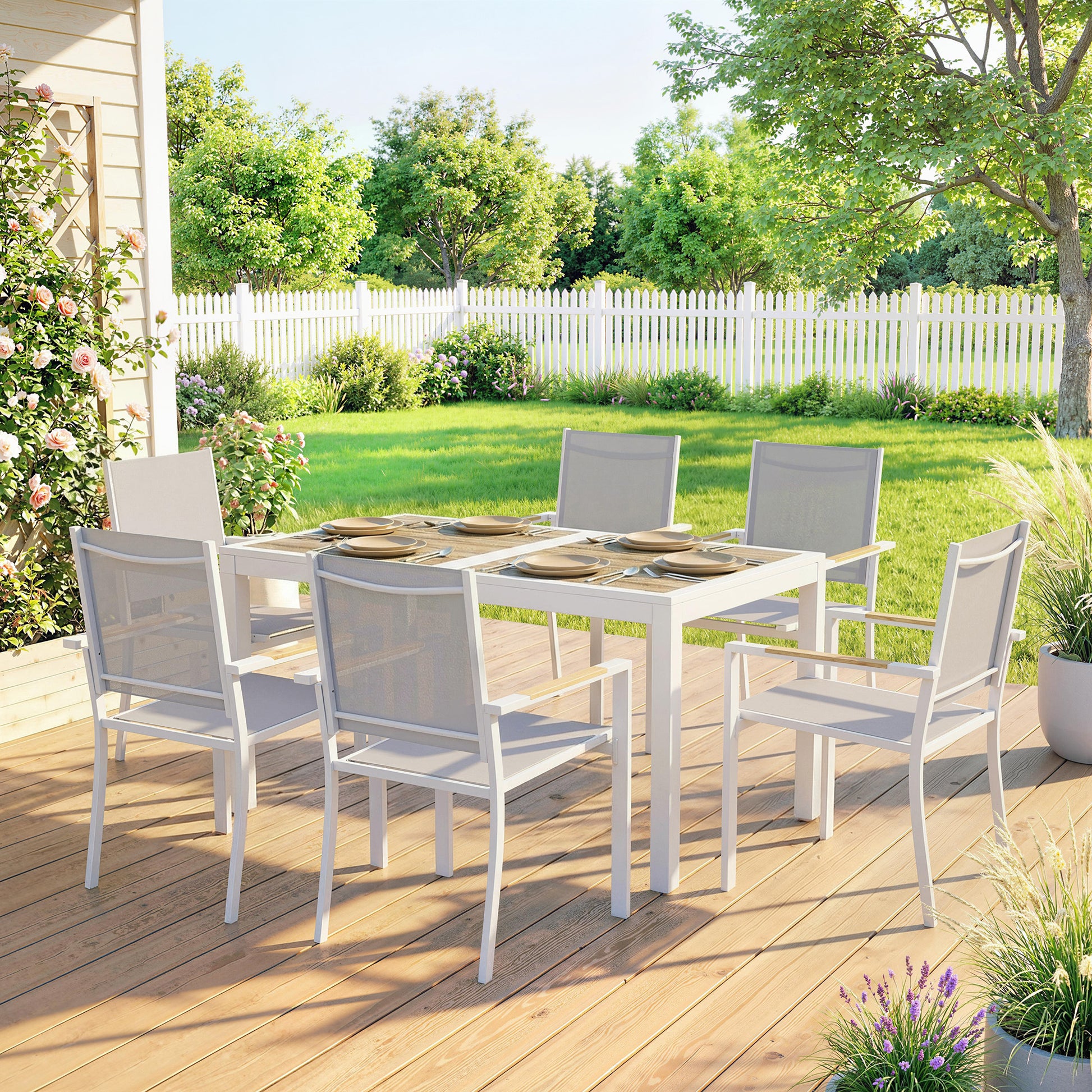 Outsunny Conjunto de Mesa y Sillas Jardín de 7 Piezas, Muebles Jardín Exterior con Mesa de Plástico PSPC, 6 Sillas Apilables Transpirables, Marco de Acero Resistente a la Intemperie, Blanco