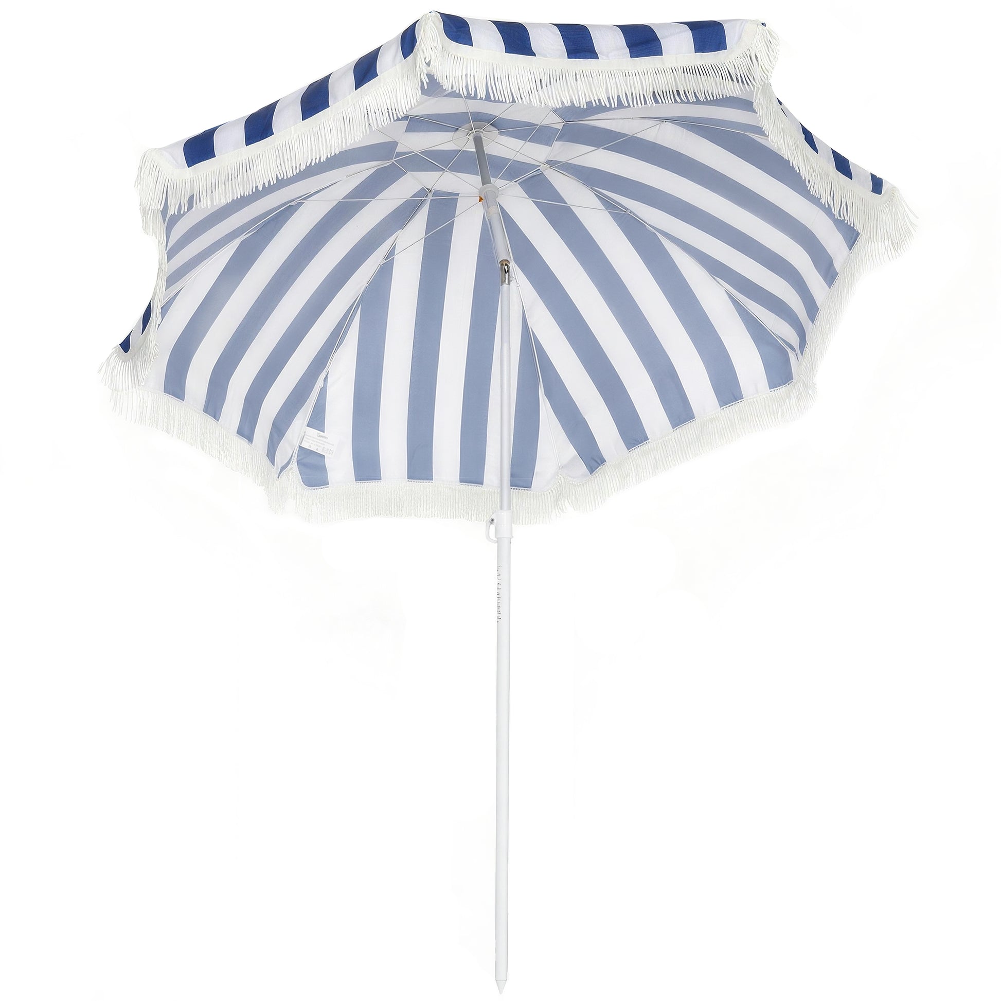 Outsunny Sombrilla de Playa con Flecos Ø180 cm, Sombrilla de Terraza Exterior con Altura Ajustable, Inclinación 30°, Anclaje Arena y Bolsa de Transporte, Azul y Blanco