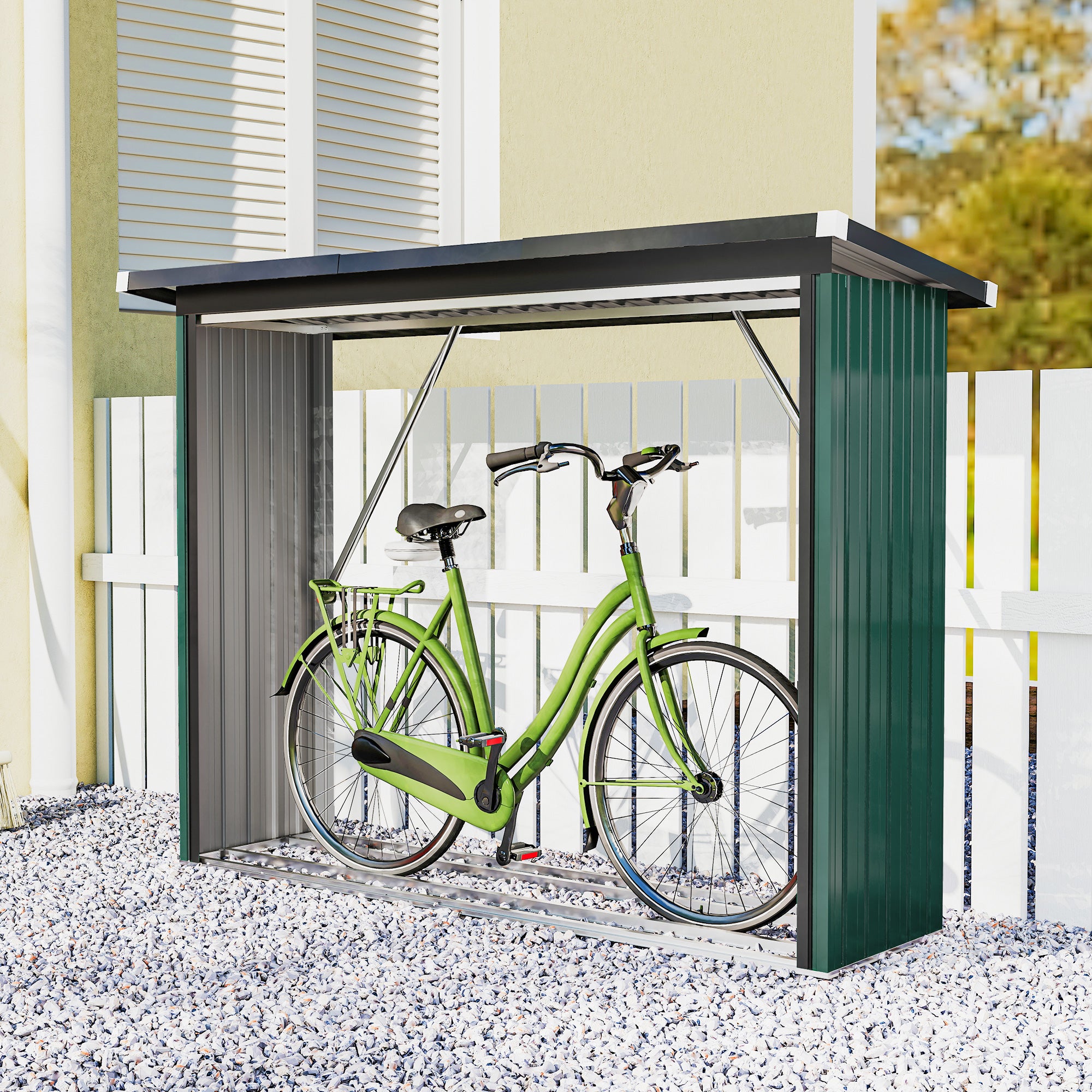 Outsunny Casetilla para Leña de Acero Galvanizado, Cobertizo Leñero Exterior de Almacenamiento de Troncos, con Base Elevada y Techo Inclinado, 213x66,5x150 cm, Verde