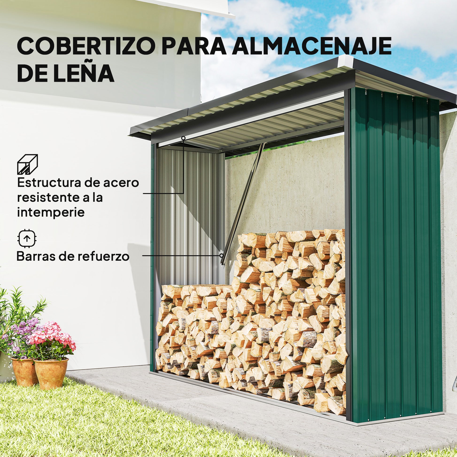 Outsunny Casetilla para Leña de Acero Galvanizado, Cobertizo Leñero Exterior de Almacenamiento de Troncos, con Base Elevada y Techo Inclinado, 213x66,5x150 cm, Verde