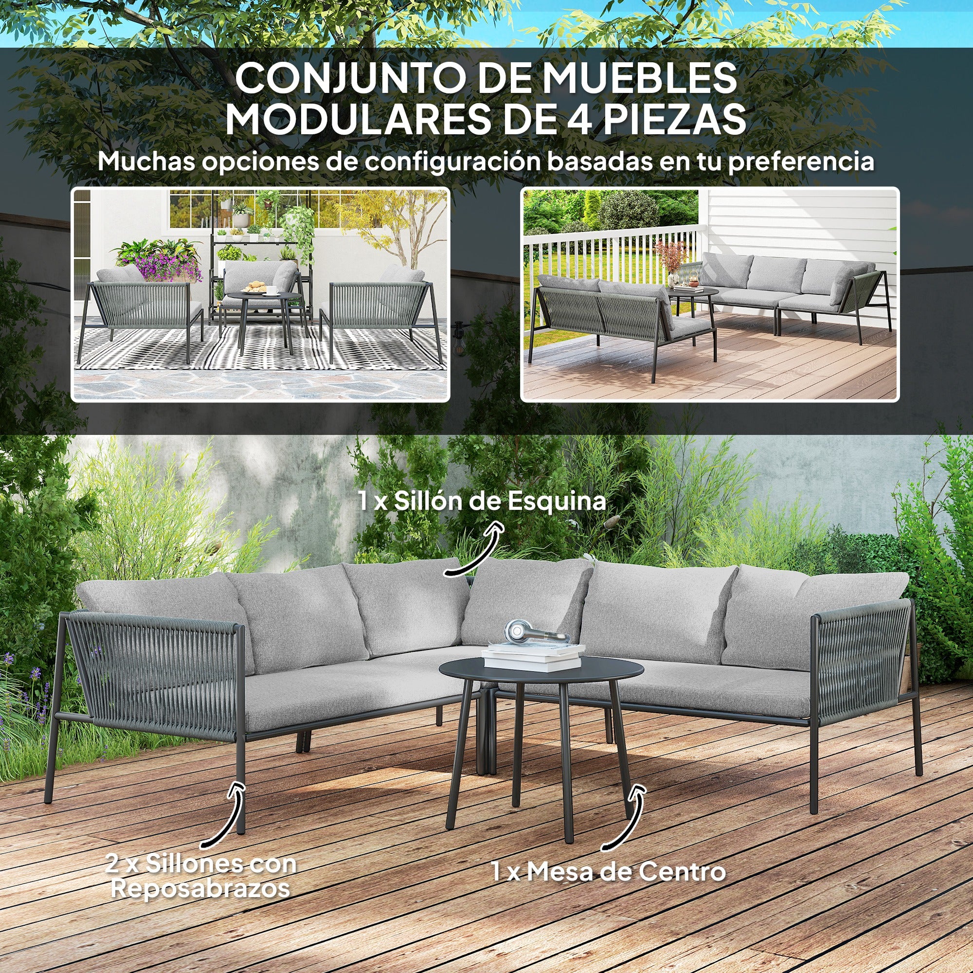 Outsunny Conjunto Jardín Exterior de Ratán con Cojines Conjunto Terraza Resistente a la Intemperie Muebles Jardín Exterior con 2 Sofás de 2 Plazas Sofá Esquina Mesa Redonda Gris Oscuro