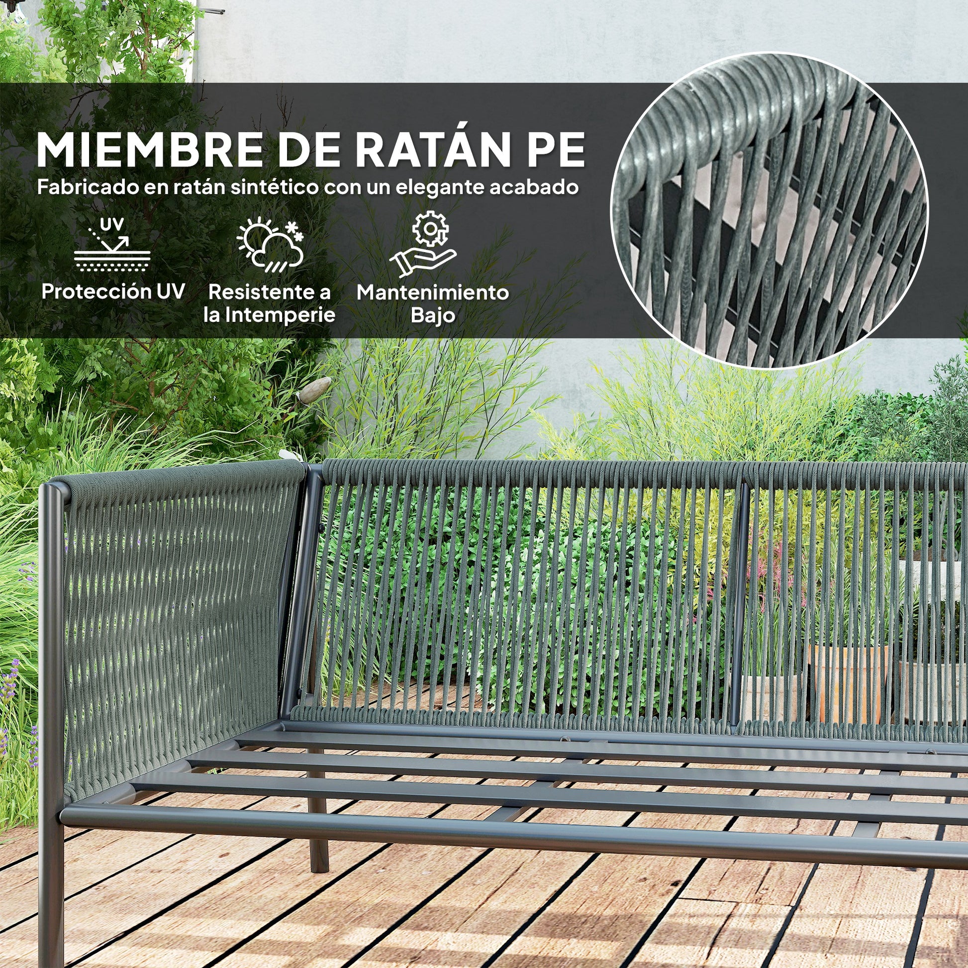 Outsunny Conjunto Jardín Exterior de Ratán con Cojines Conjunto Terraza Resistente a la Intemperie Muebles Jardín Exterior con 2 Sofás de 2 Plazas Sofá Esquina Mesa Redonda Gris Oscuro
