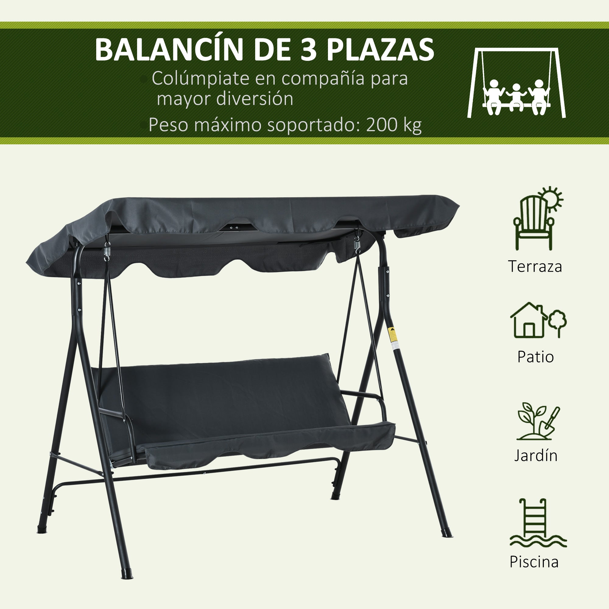 Outsunny Columpio de Jardín de 3 Plazas Silla Balancín con Parasol Techo Ajustable en Ángulo Impermeable para Exterior Terraza Balcón Carga Máx. 200 kg Acero 172x110x153 cm Gris