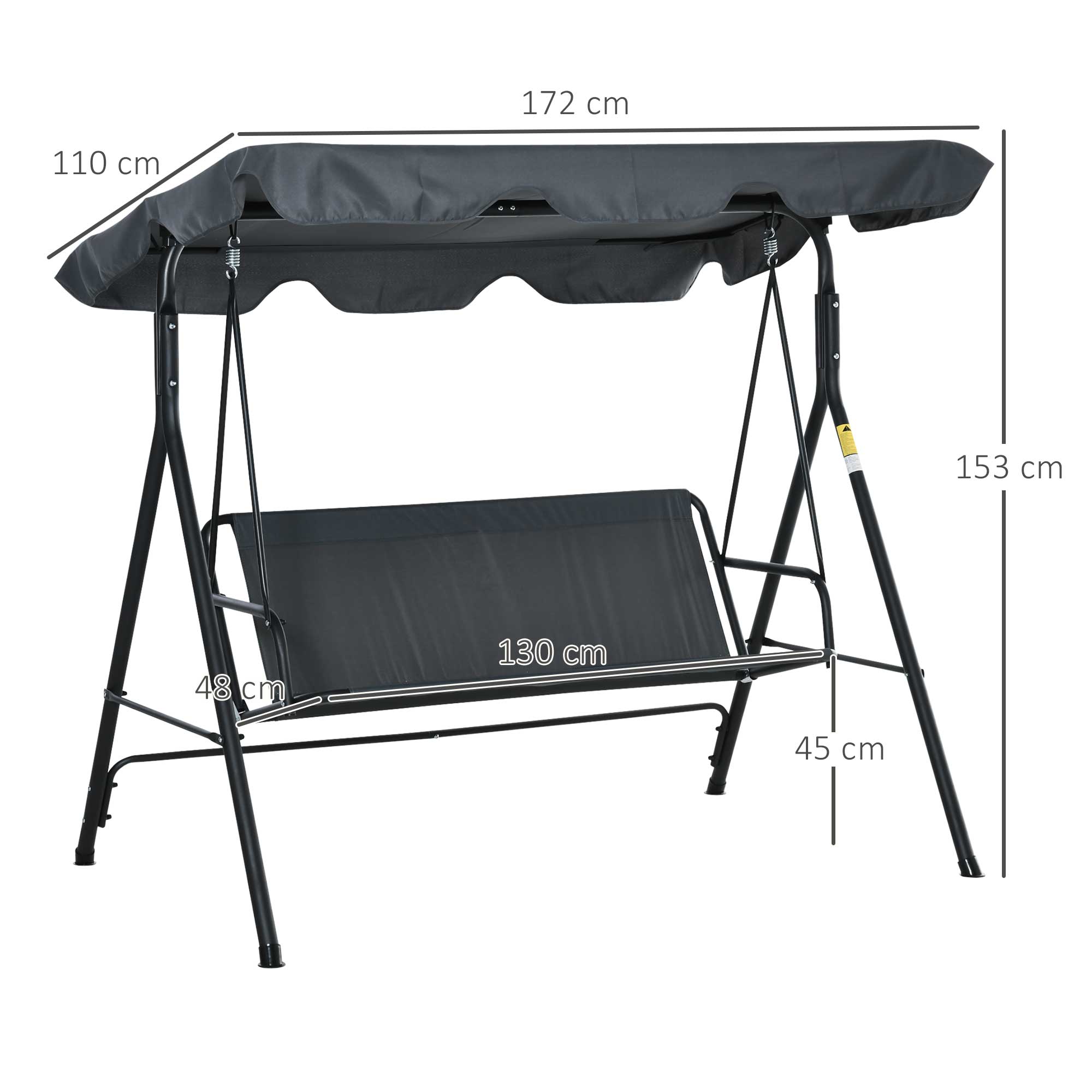 Outsunny Columpio de Jardín de 3 Plazas Silla Balancín con Parasol Techo Ajustable en Ángulo Impermeable para Exterior Terraza Balcón Carga Máx. 200 kg Acero 172x110x153 cm Gris