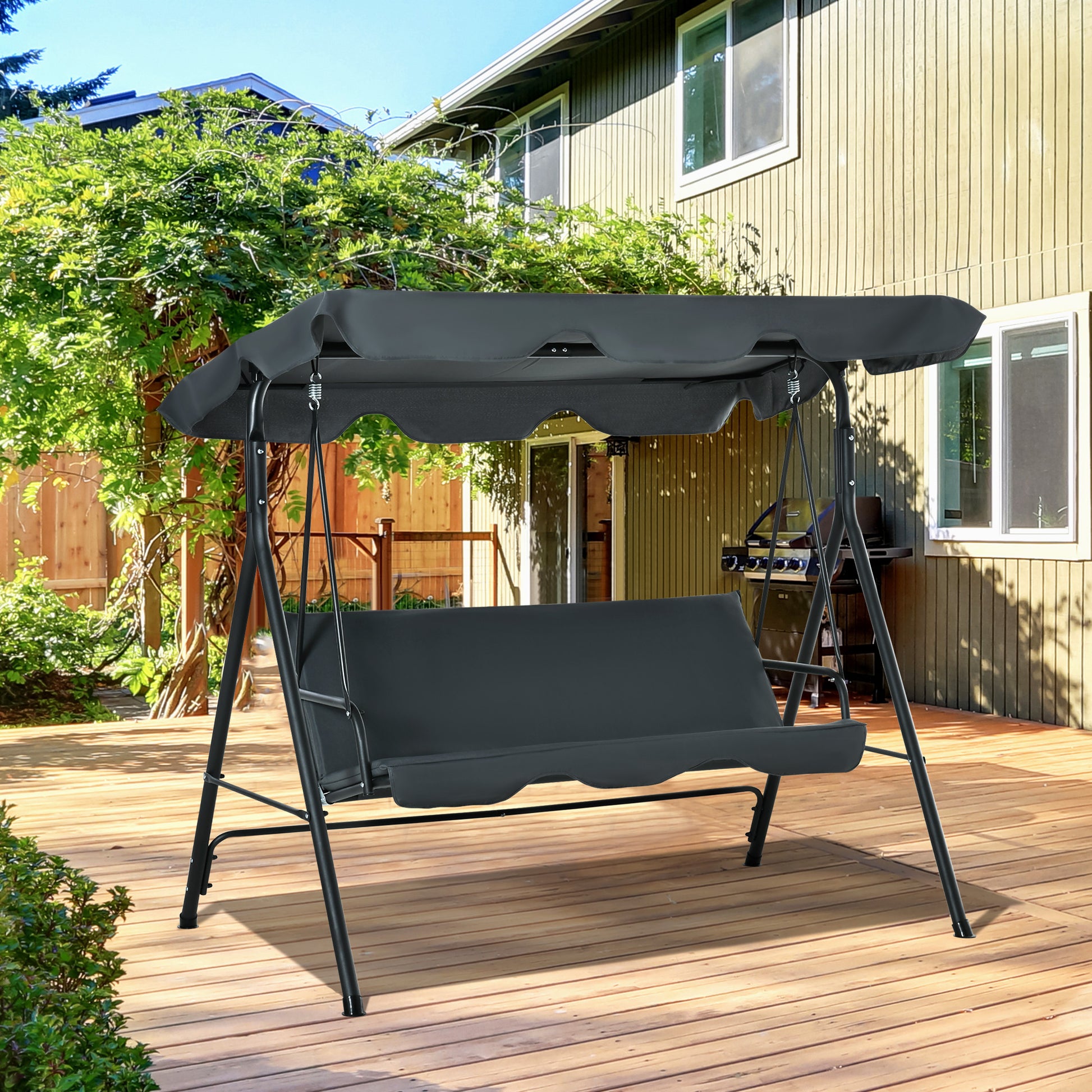 Outsunny Columpio de Jardín de 3 Plazas Silla Balancín con Parasol Techo Ajustable en Ángulo Impermeable para Exterior Terraza Balcón Carga Máx. 200 kg Acero 172x110x153 cm Gris