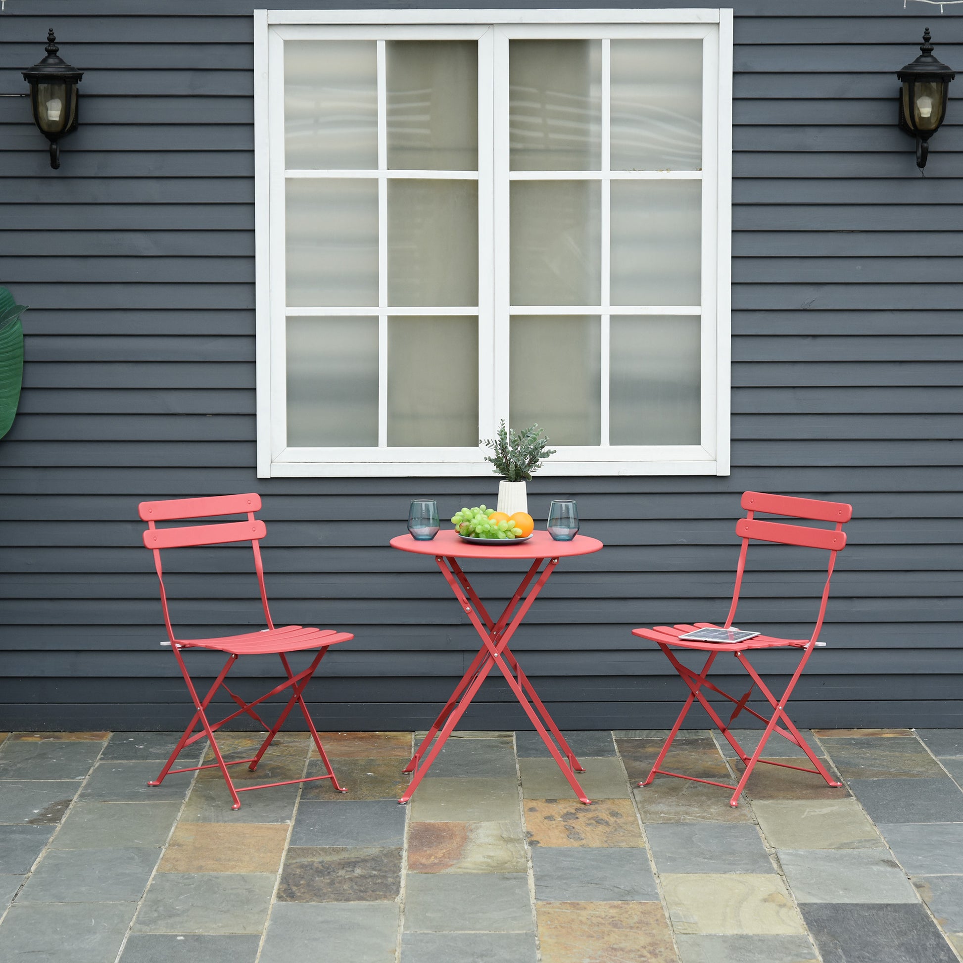 Outsunny Conjunto Muebles Plegables de Jardín de 3 piezas Mesa y 2 Sillas de Metal para Balcón Terraza Exteriores Ø60x71 cm Rojo