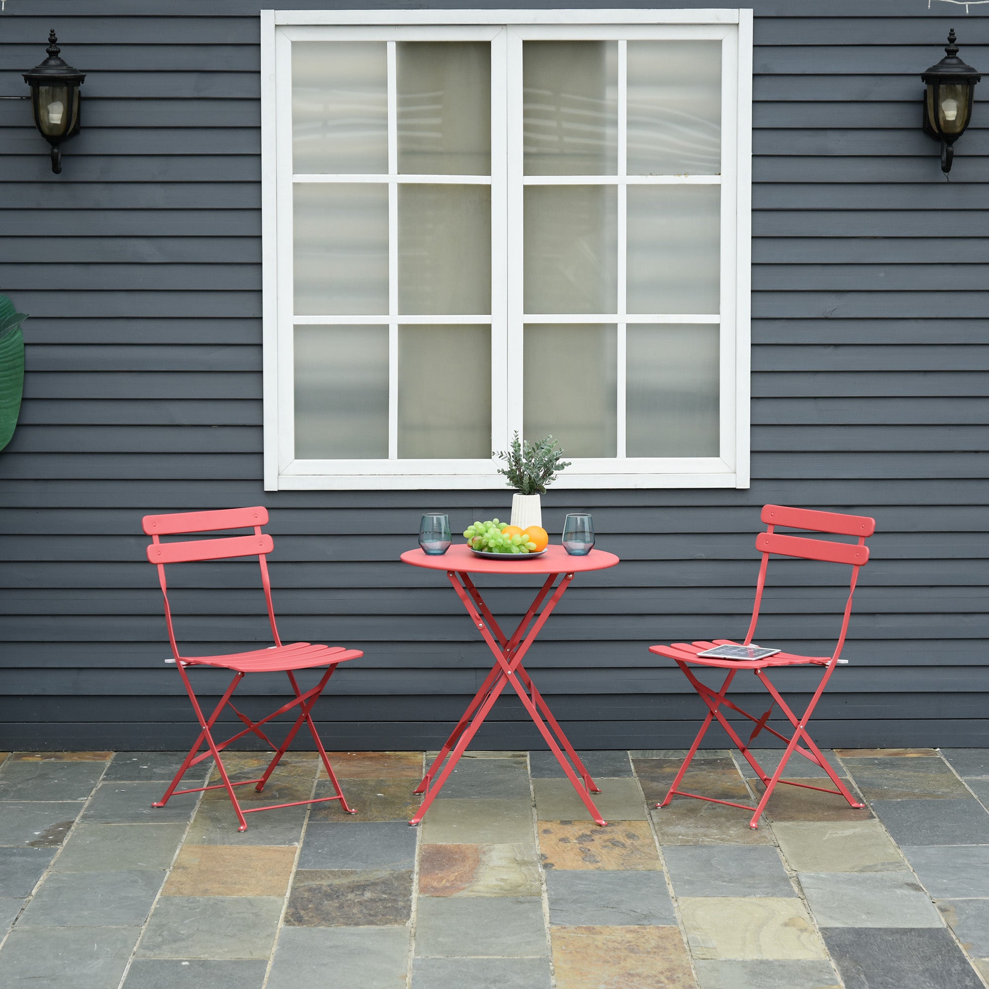 Outsunny Conjunto Muebles Plegables de Jardín de 3 piezas Mesa y 2 Sillas de Metal para Balcón Terraza Exteriores Ø60x71 cm Rojo