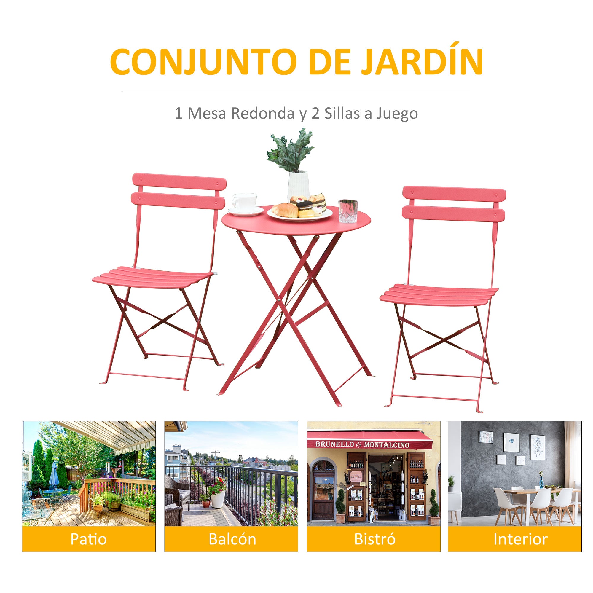 Outsunny Conjunto Muebles Plegables de Jardín de 3 piezas Mesa y 2 Sillas de Metal para Balcón Terraza Exteriores Ø60x71 cm Rojo