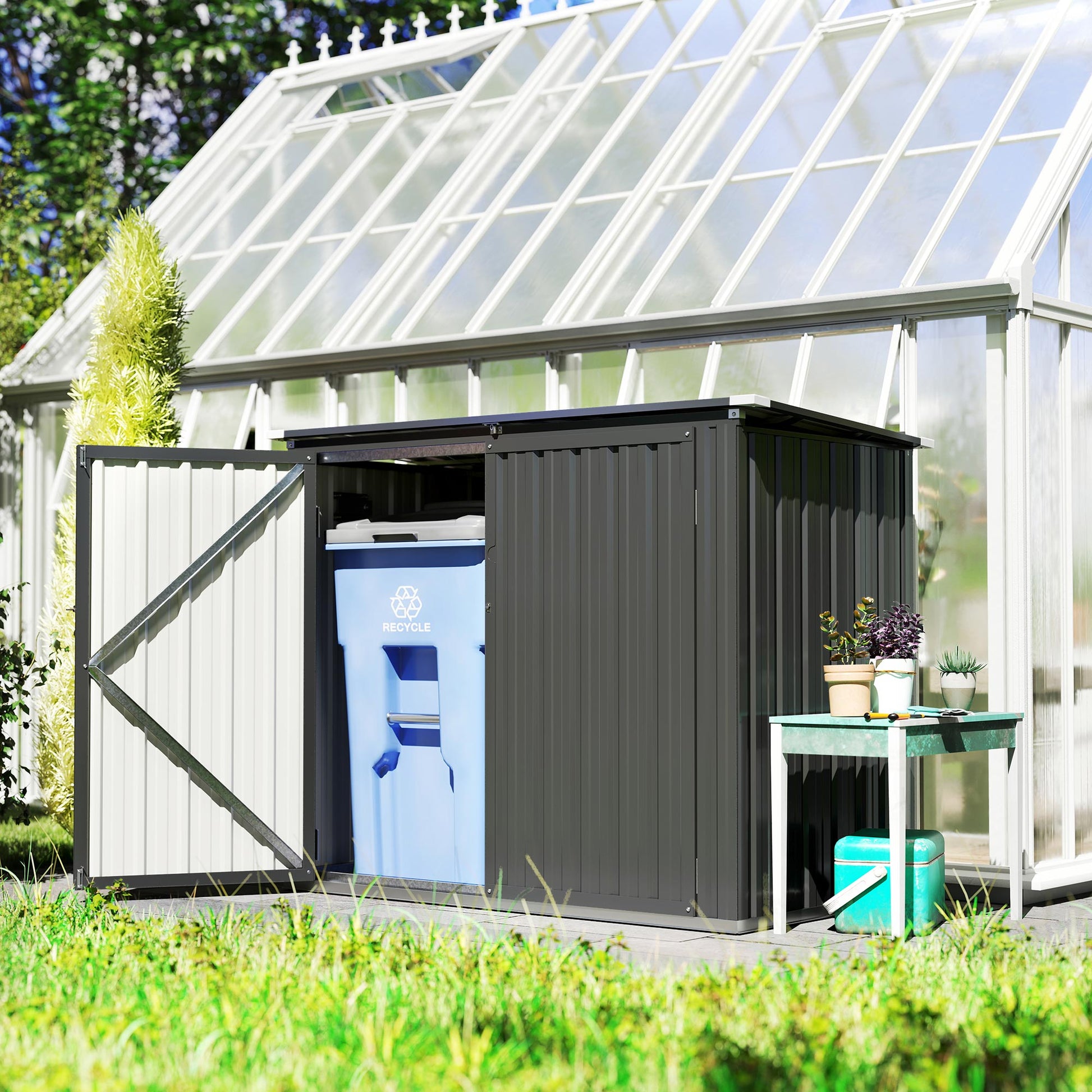 Outsunny Cobertizo para Contenedor de Basura Doble, Caseta para Cubo de Basura de 240L de Acero Galvanizado con Tapa Abatible y Puertas con Cerradura, para Jardín, Exterior, 150x80x117 cm, Gris Oscuro