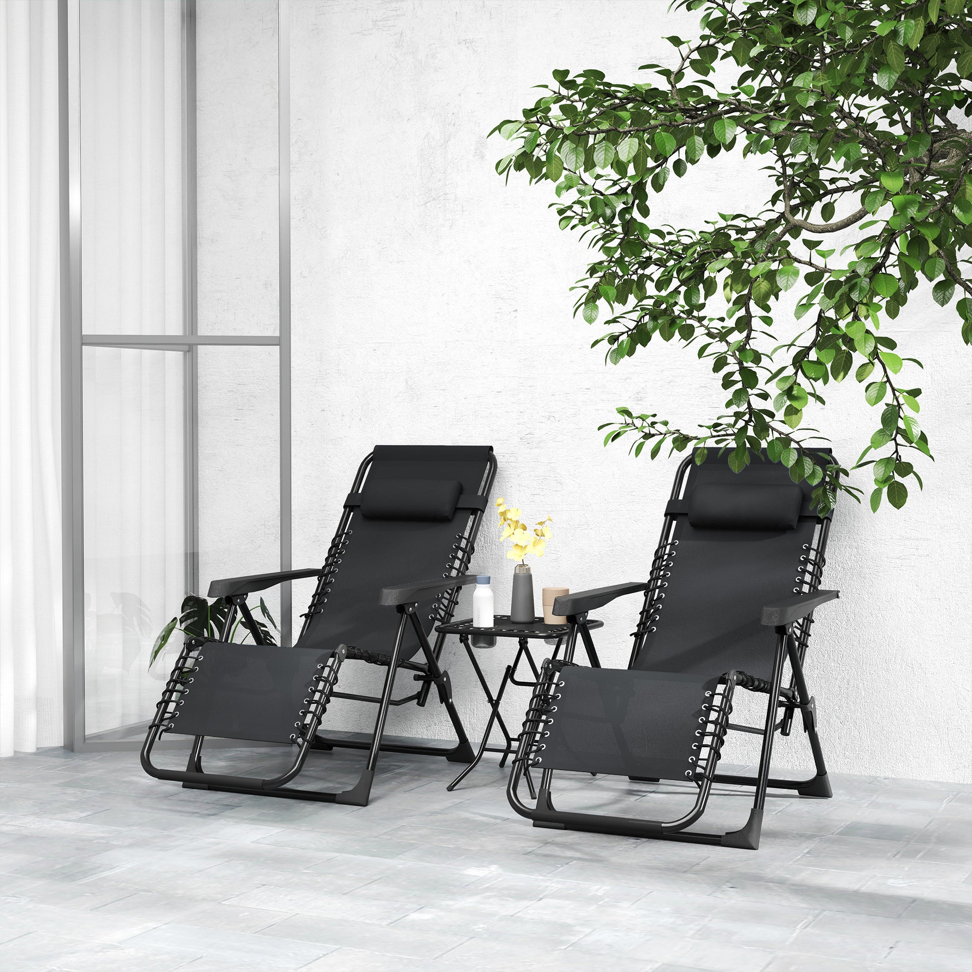 Outsunny Set de 2 Tumbonas Jardín Exterior Plegables con Mesa Auxiliar Portavasos Tumbonas de Gravedad Cero con Respaldo Ajustable Reposabrazos Extraíble para Patio Piscina Terraza Exterior Negro