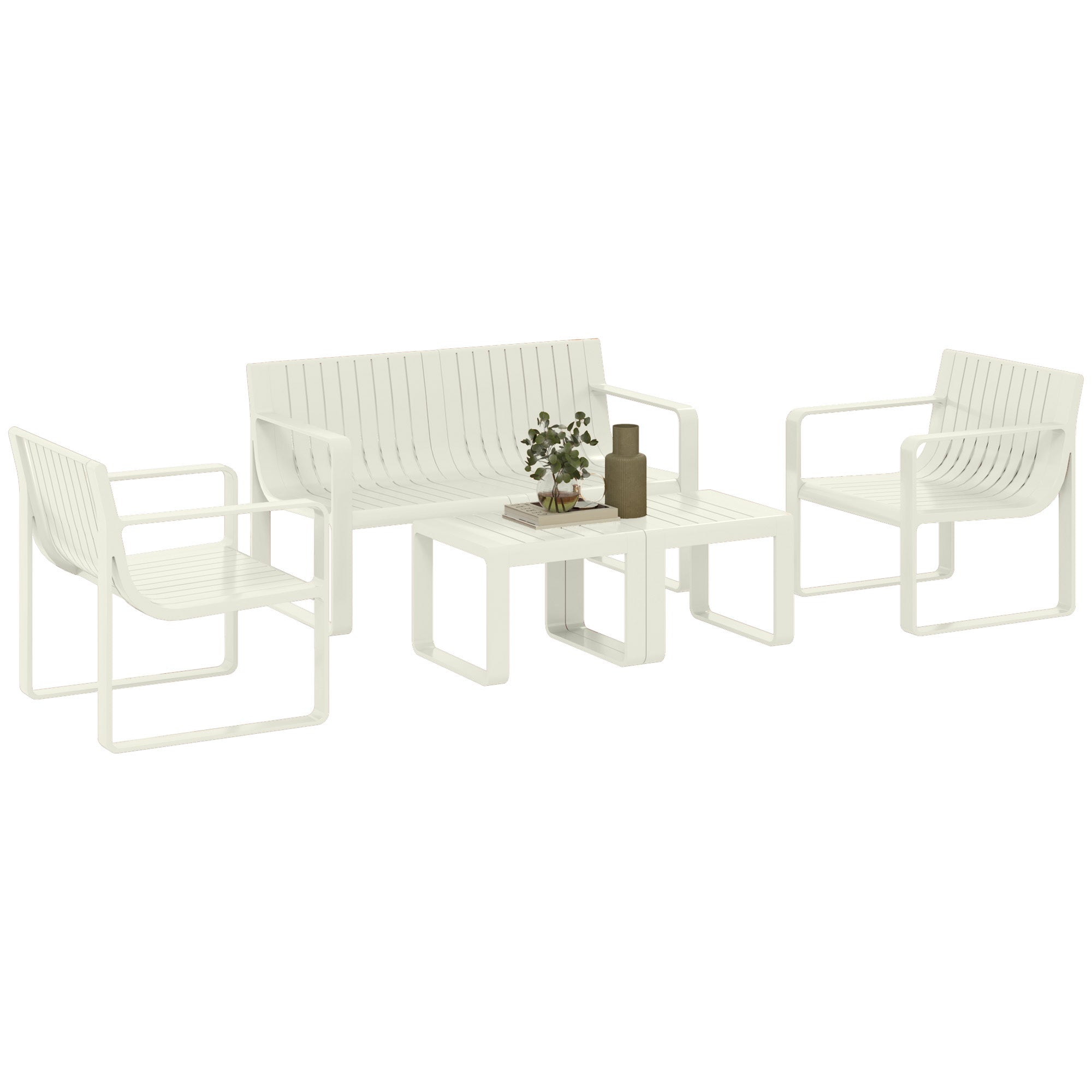 Outsunny Conjunto de Jardín Exterior 5 Piezas Muebles Jardín Exterior con 2 Sillones 1 Sofá de 2 Plazas y 2 Mesas de Centro Diseño de Lamas Impermeable Anti-UV Blanco