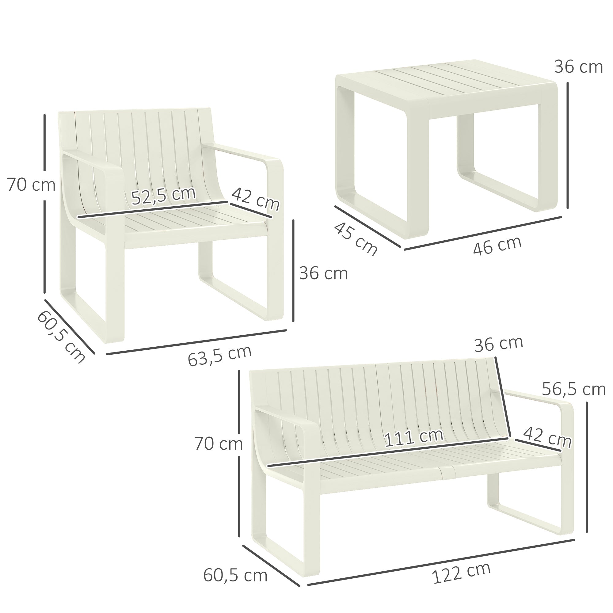 Outsunny Conjunto de Jardín Exterior 5 Piezas Muebles Jardín Exterior con 2 Sillones 1 Sofá de 2 Plazas y 2 Mesas de Centro Diseño de Lamas Impermeable Anti-UV Blanco