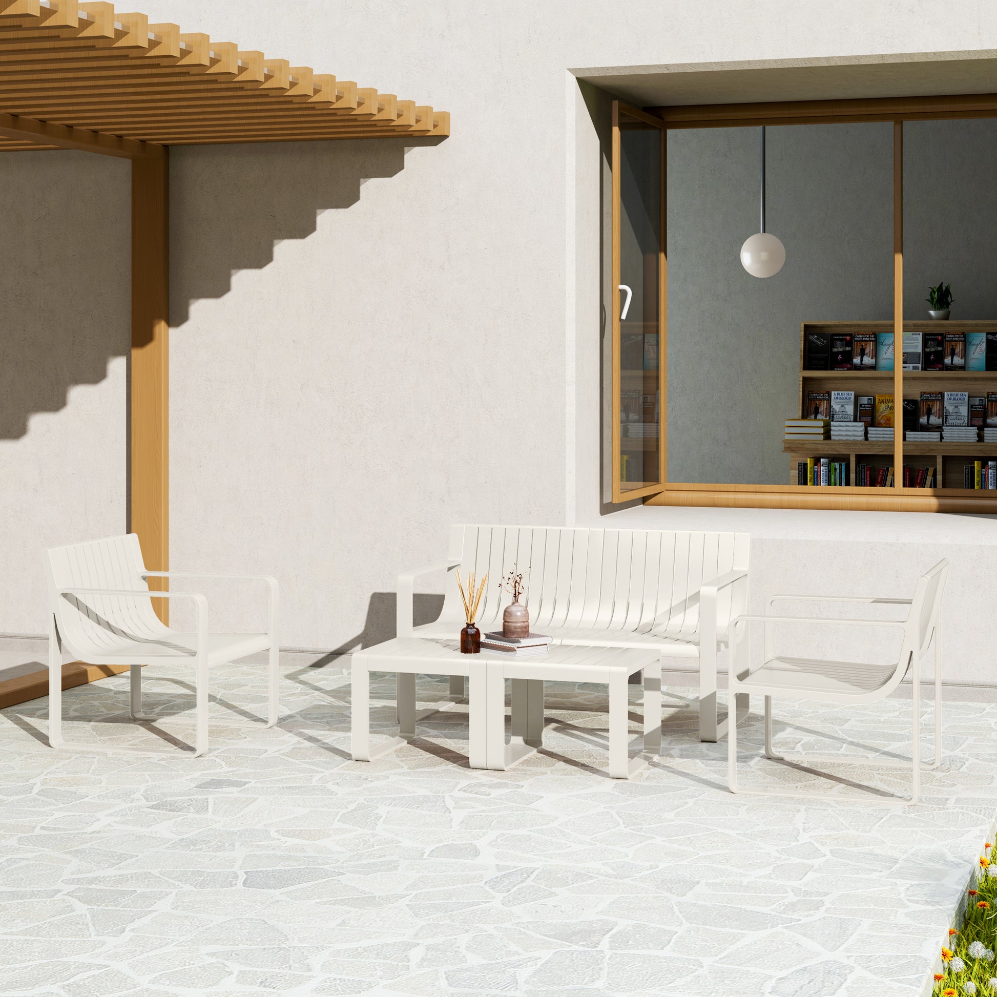 Outsunny Conjunto de Jardín Exterior 5 Piezas Muebles Jardín Exterior con 2 Sillones 1 Sofá de 2 Plazas y 2 Mesas de Centro Diseño de Lamas Impermeable Anti-UV Blanco
