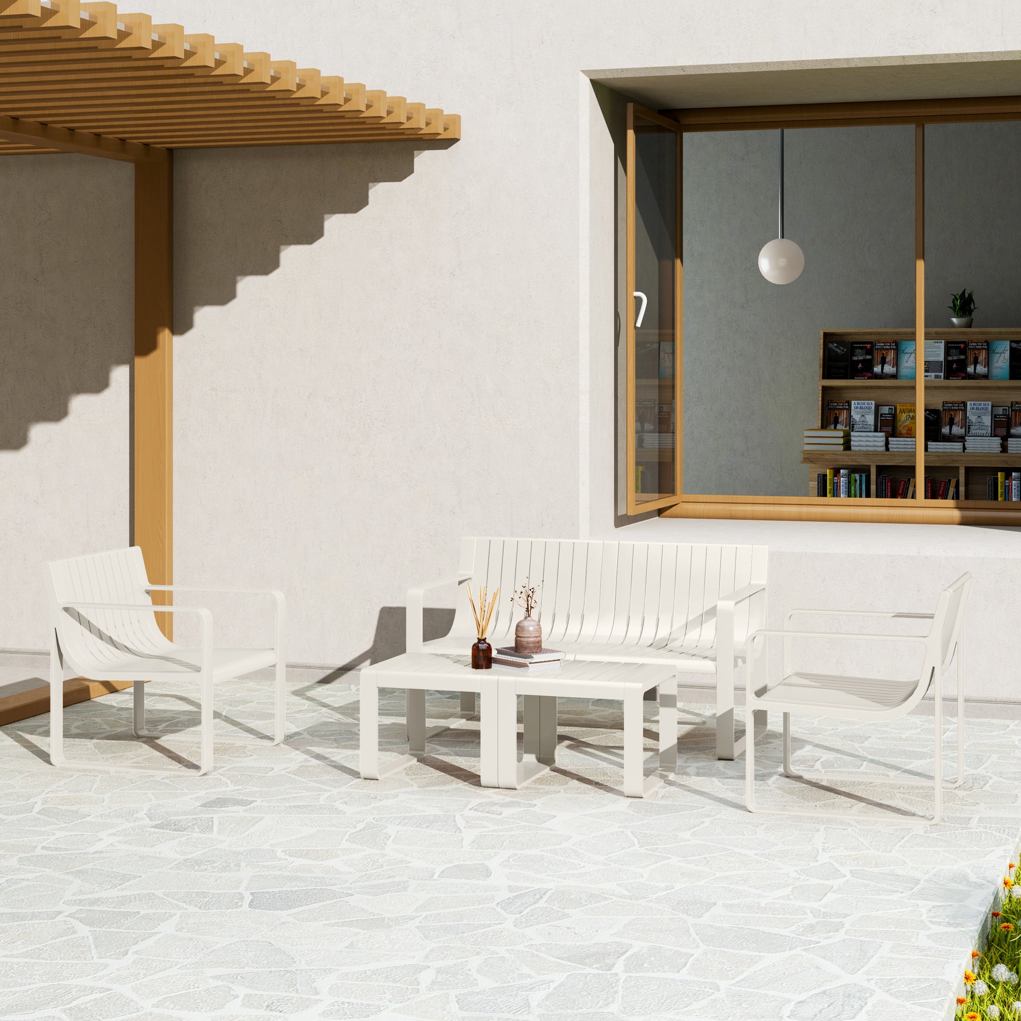 Outsunny Conjunto de Jardín Exterior 5 Piezas Muebles Jardín Exterior con 2 Sillones 1 Sofá de 2 Plazas y 2 Mesas de Centro Diseño de Lamas Impermeable Anti-UV Blanco