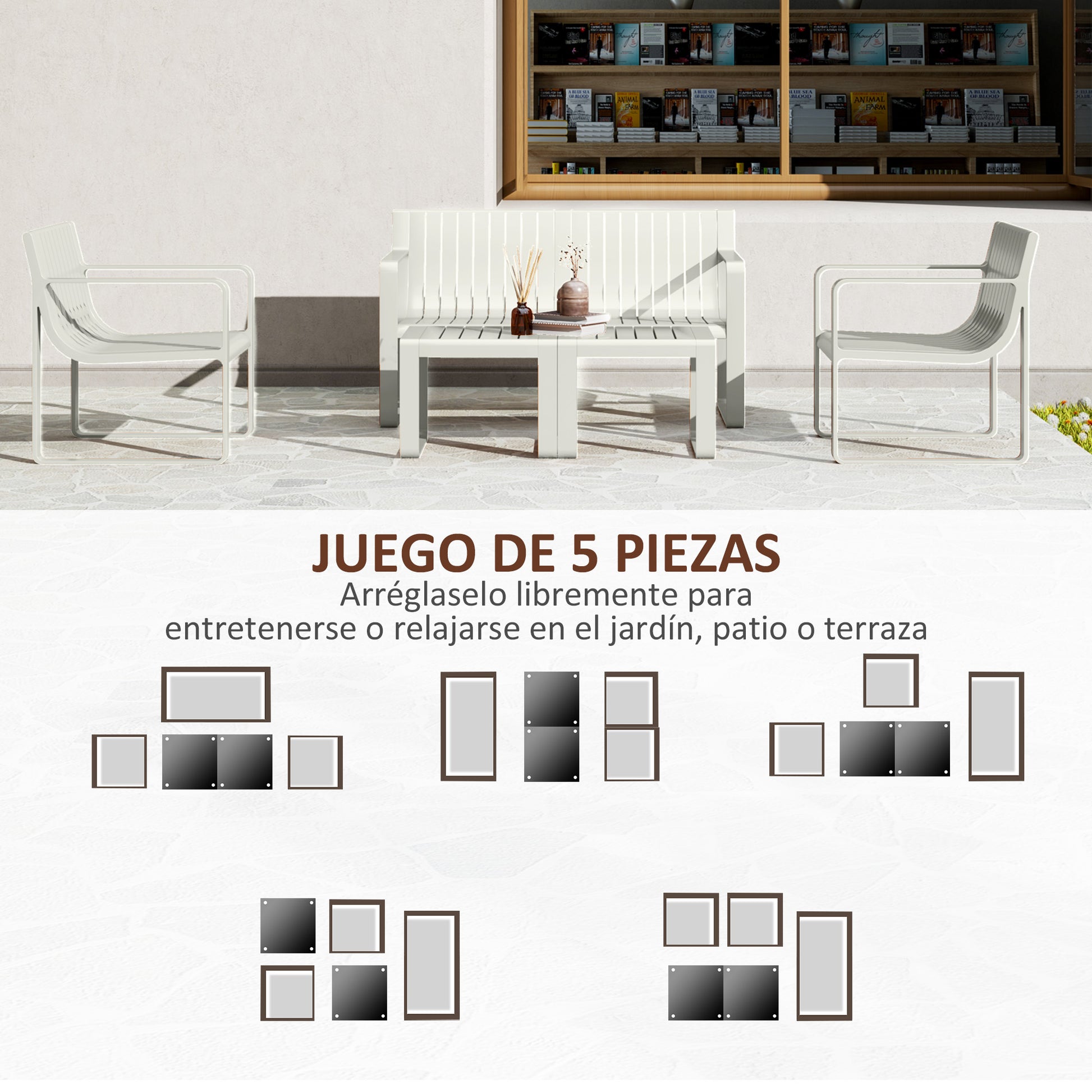 Outsunny Conjunto de Jardín Exterior 5 Piezas Muebles Jardín Exterior con 2 Sillones 1 Sofá de 2 Plazas y 2 Mesas de Centro Diseño de Lamas Impermeable Anti-UV Blanco