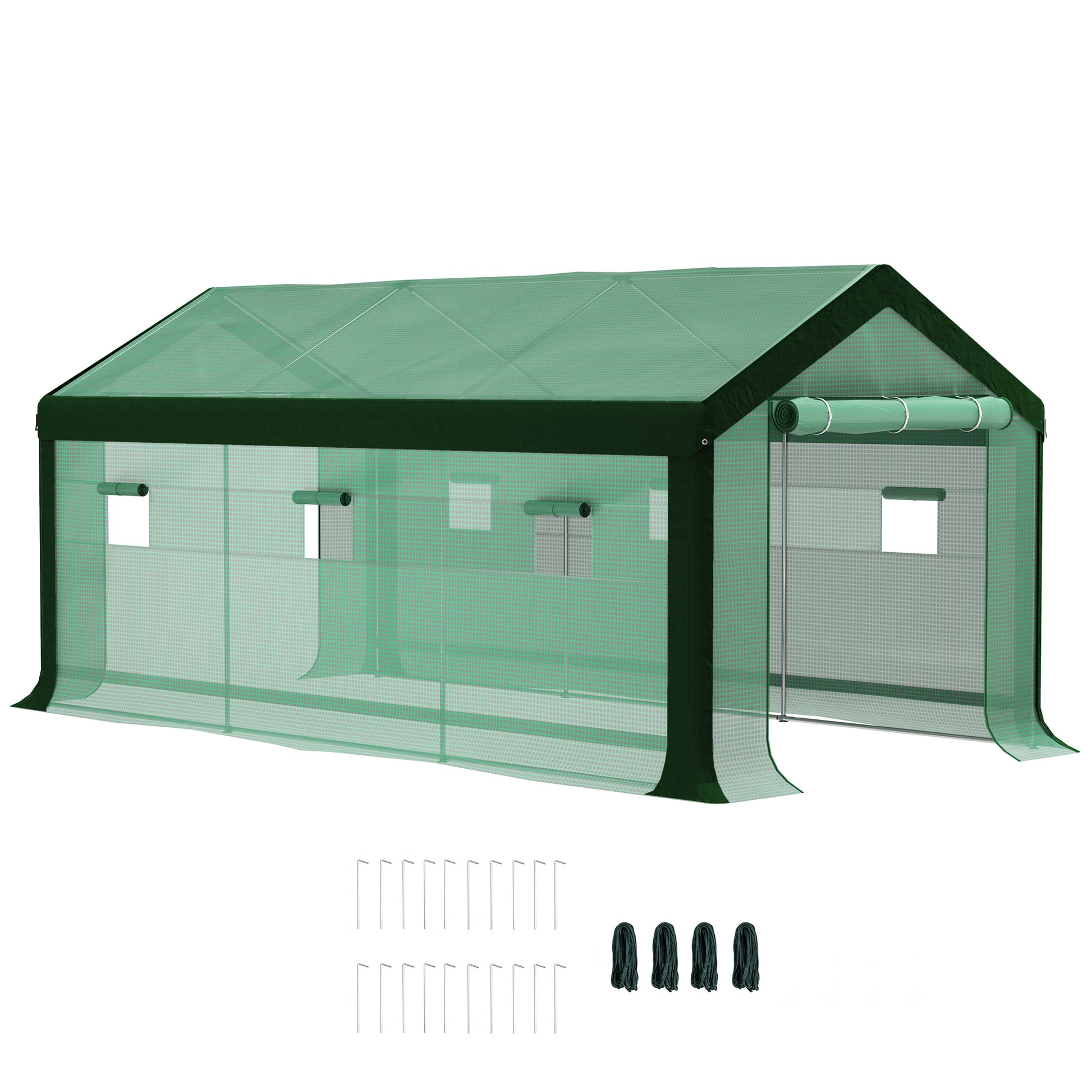 Outsunny Invernadero de Exterior 6x3x2,8 m Invernadero de Túnel con 6 Ventanas Cubierta de PE Anti-UV y 2 Puertas Enrollables con Cremallera Invernadero para Jardín Patio Verde