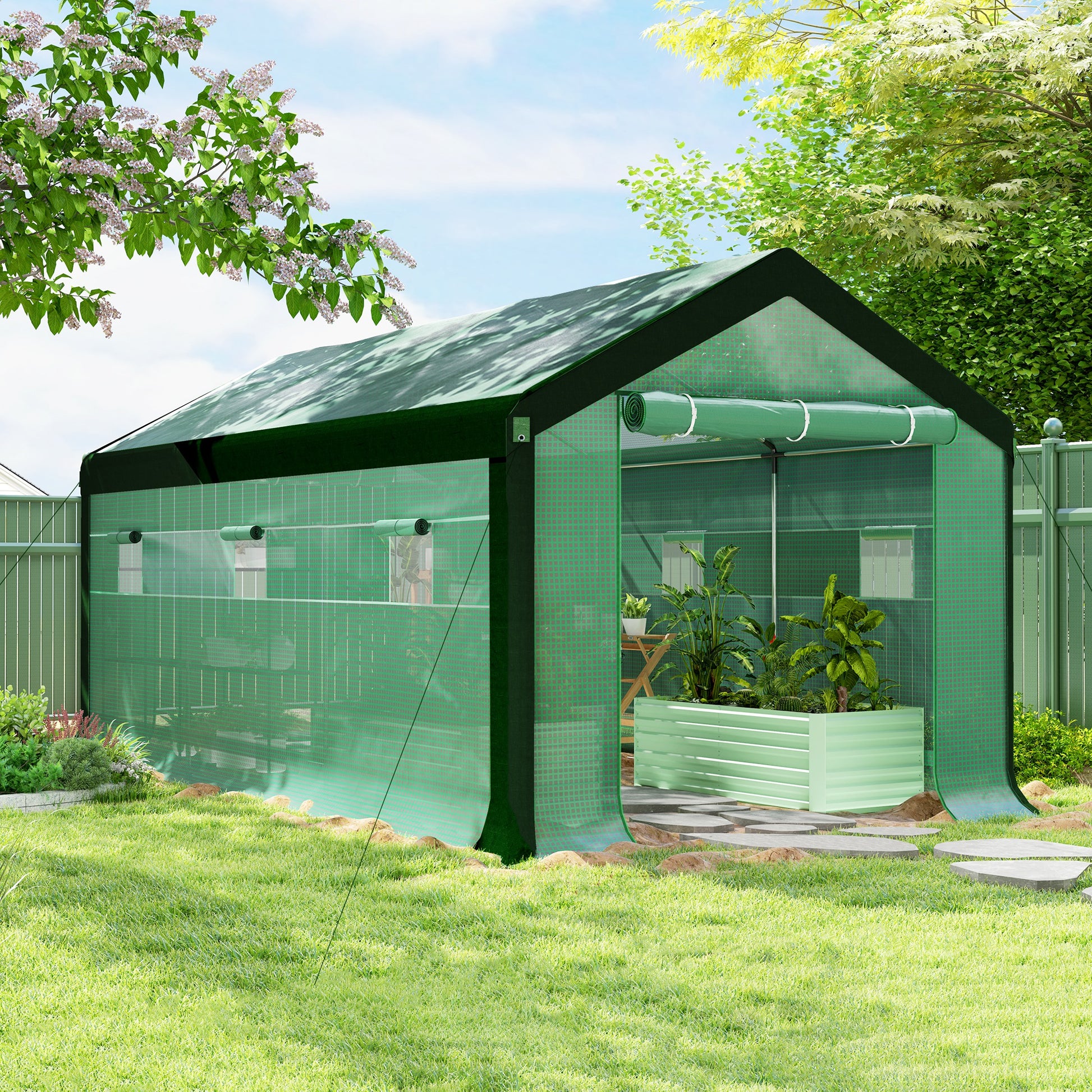 Outsunny Invernadero de Exterior 6x3x2,8 m Invernadero de Túnel con 6 Ventanas Cubierta de PE Anti-UV y 2 Puertas Enrollables con Cremallera Invernadero para Jardín Patio Verde