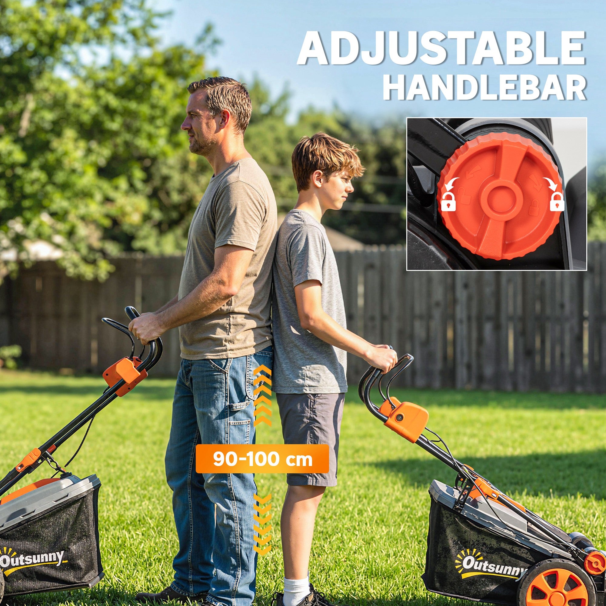 Outsunny Cortacésped a Batería Inalámbrico 18V, 2 Baterías de 4Ah, Ancho de Corte 34 cm hasta 400 m², Función Mulching, Motor sin Escobillas 700 W, Bolsa 35L, 6 Alturas Corte 25-75 mm, Mango Ajustable