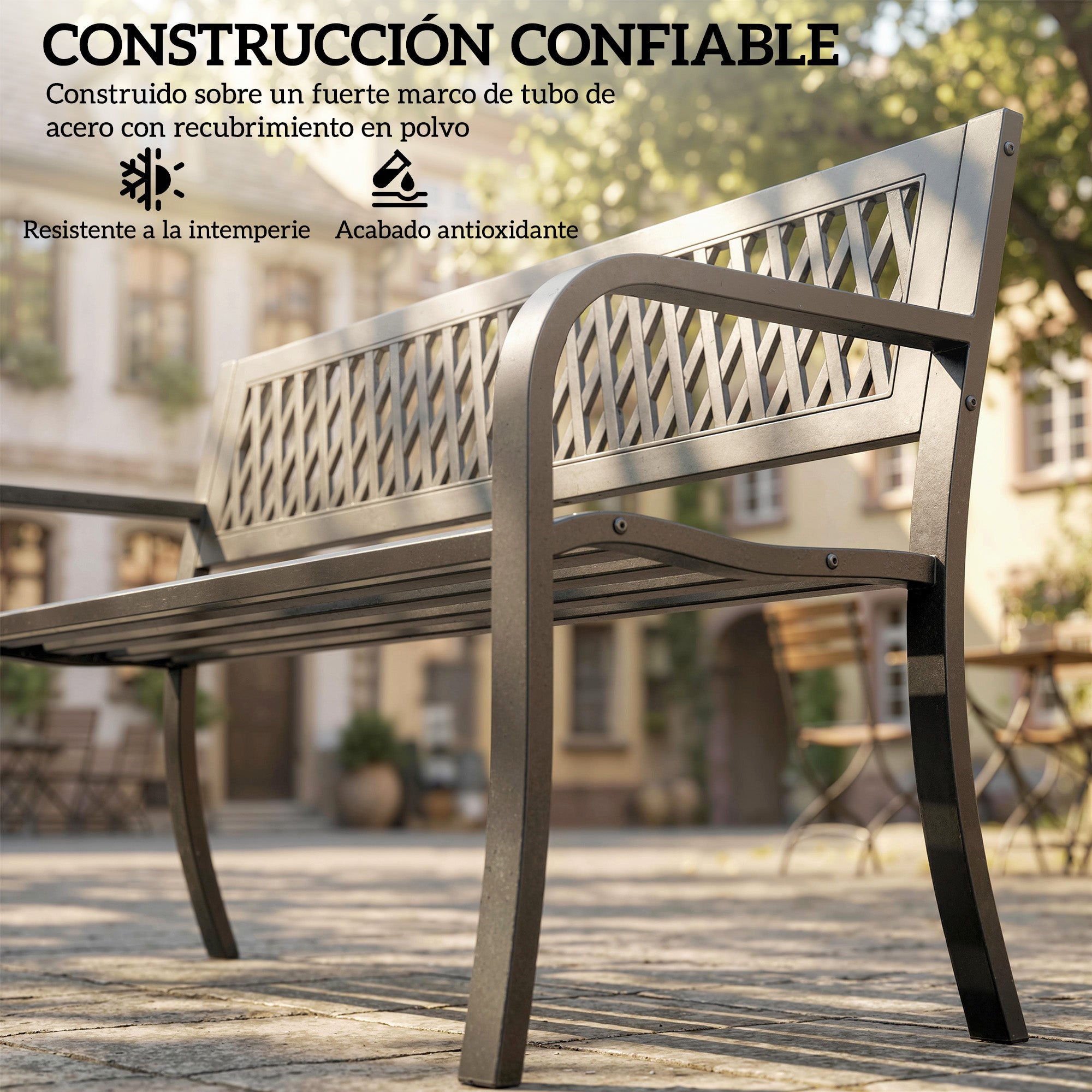 Outsunny Banco de Jardín Exterior de 2 Plazas, Banco Exterior con Asiento Listonado, Reposabrazos y Marco de Acero, para Patio, Terraza, 119x50x75 cm, Negro
