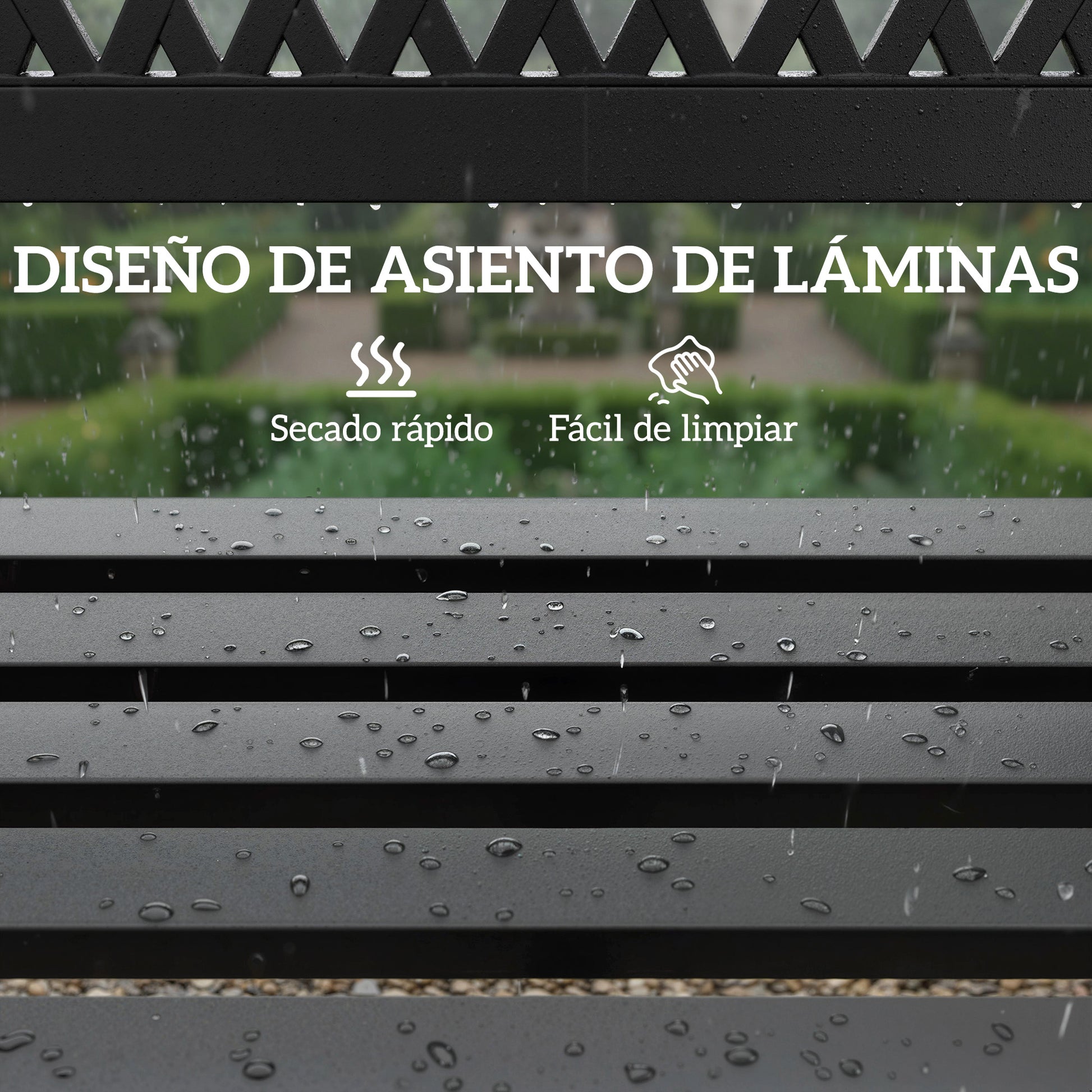 Outsunny Banco de Jardín Exterior de 2 Plazas, Banco Exterior con Asiento Listonado, Reposabrazos y Marco de Acero, para Patio, Terraza, 119x50x75 cm, Negro