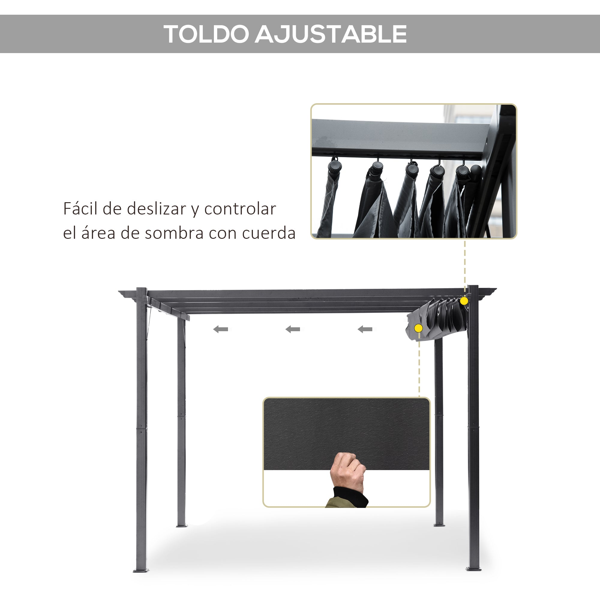 Outsunny Pérgola de Jardín 3x3 m con Techo Retráctil, Cenador de Jardín con Protección UPF30+, Orificios de Drenaje, Estructura de Aluminio, Pabellón para Patio, Terraza, Exterior, Gris Oscuro