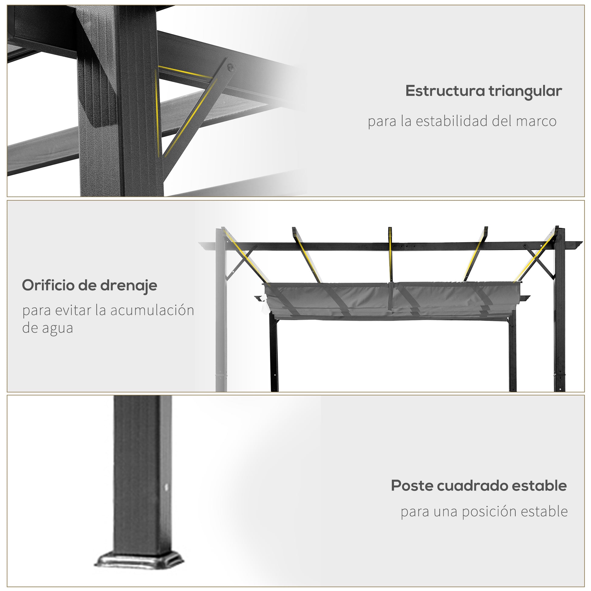 Outsunny Pérgola de Jardín 3x3 m con Techo Retráctil, Cenador de Jardín con Protección UPF30+, Orificios de Drenaje, Estructura de Aluminio, Pabellón para Patio, Terraza, Exterior, Gris Oscuro
