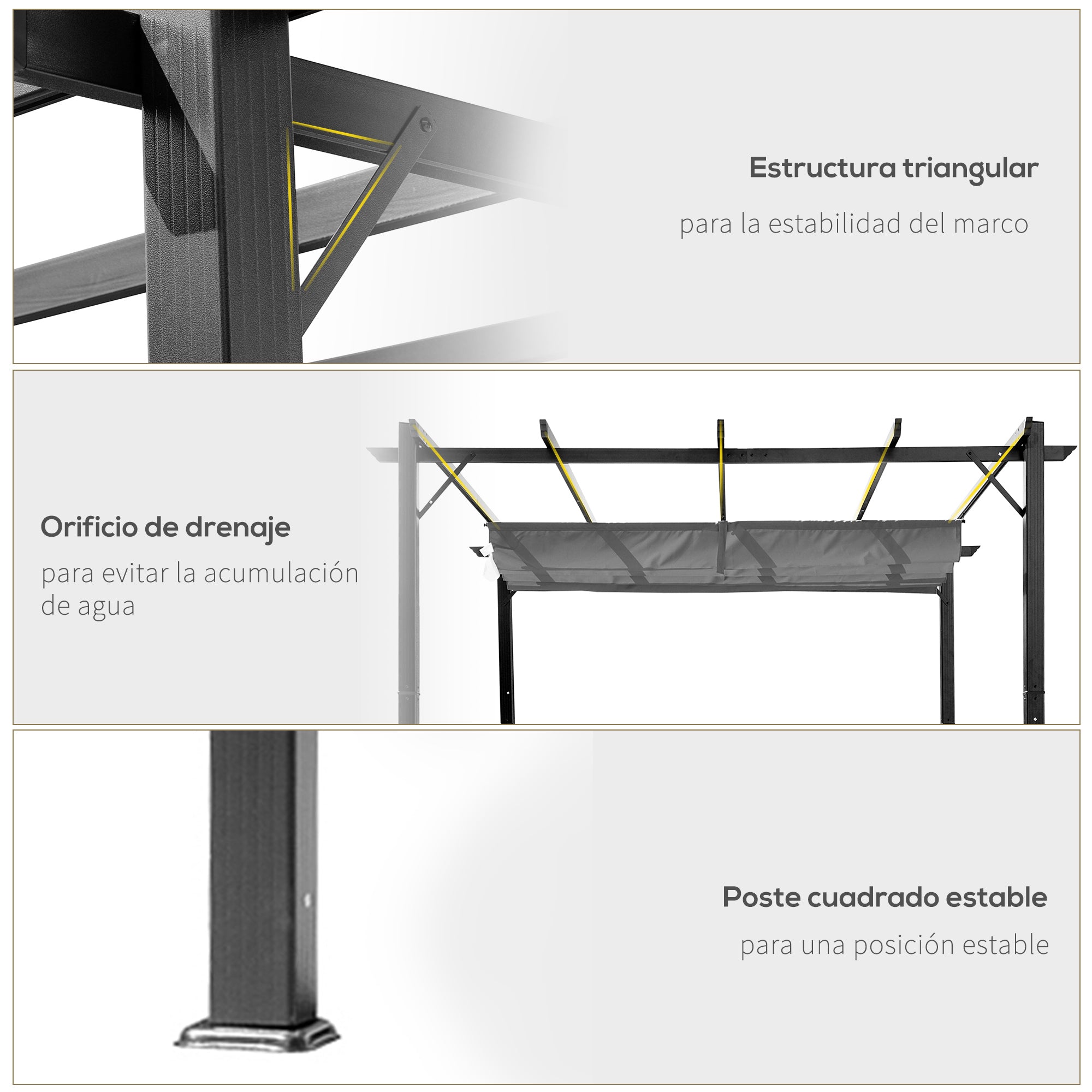 Outsunny Pérgola de Jardín 3x3 m con Techo Retráctil, Cenador de Jardín con Protección UPF30+, Orificios de Drenaje, Estructura de Aluminio, Pabellón para Patio, Terraza, Exterior, Gris Oscuro
