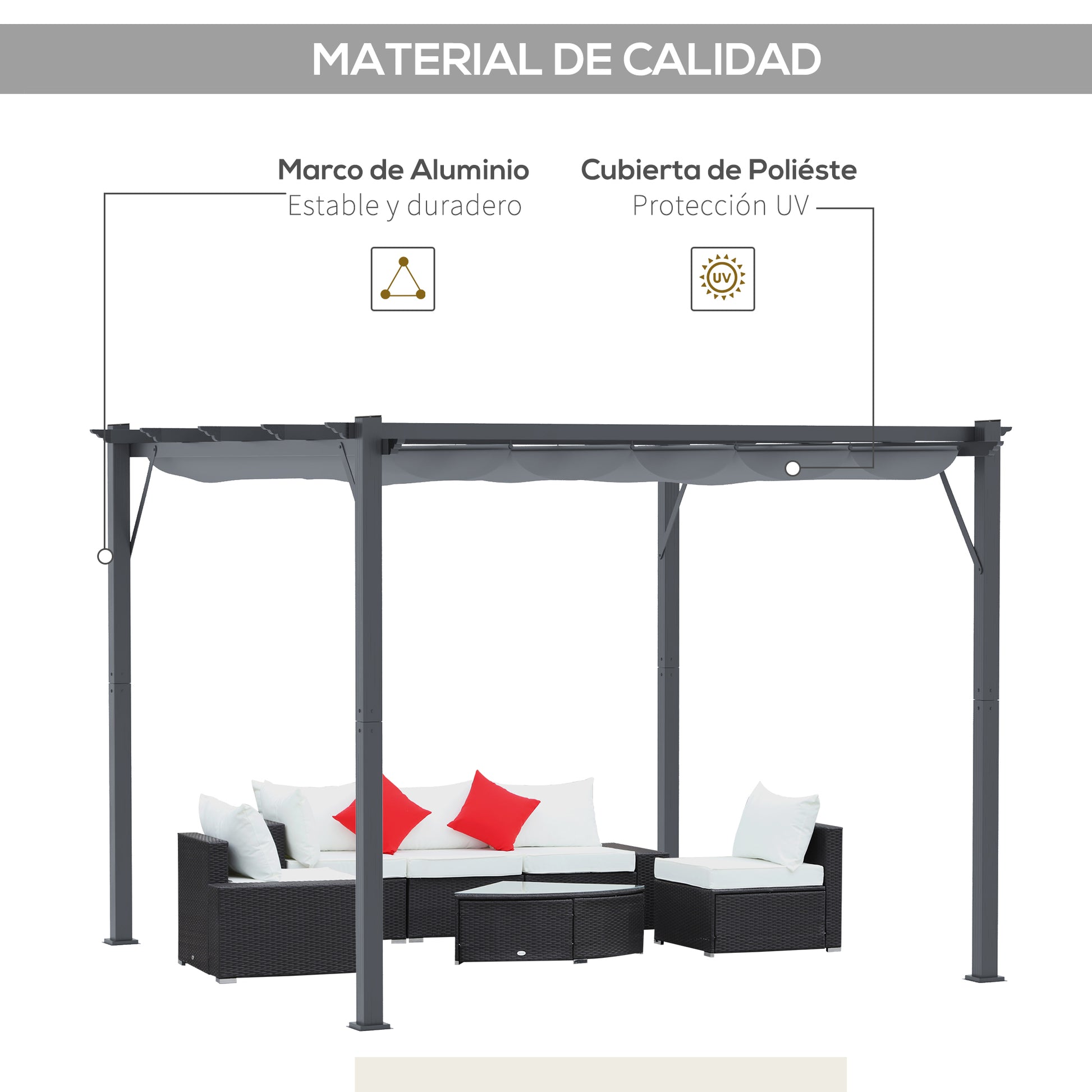 Outsunny Pérgola de Jardín 3x3 m con Techo Retráctil, Cenador de Jardín con Protección UPF30+, Orificios de Drenaje, Estructura de Aluminio, Pabellón para Patio, Terraza, Exterior, Gris Oscuro
