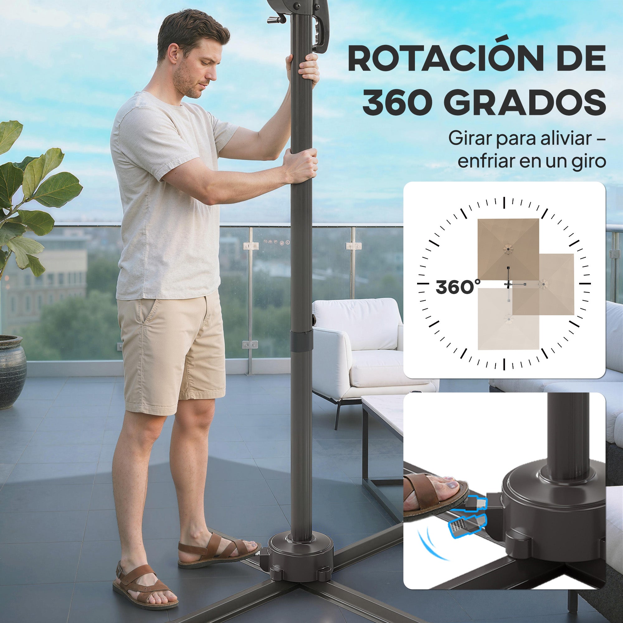 Outsunny Sombrilla de Jardín 2,9x2,9 m, Parasol Excéntrico de Aluminio con Manivela, Toldo Giratorio 360°, Inclinación Ajustable, Base Cruzada y Funda, UPF30+, Sombrilla para Terraza Exterior, Caqui