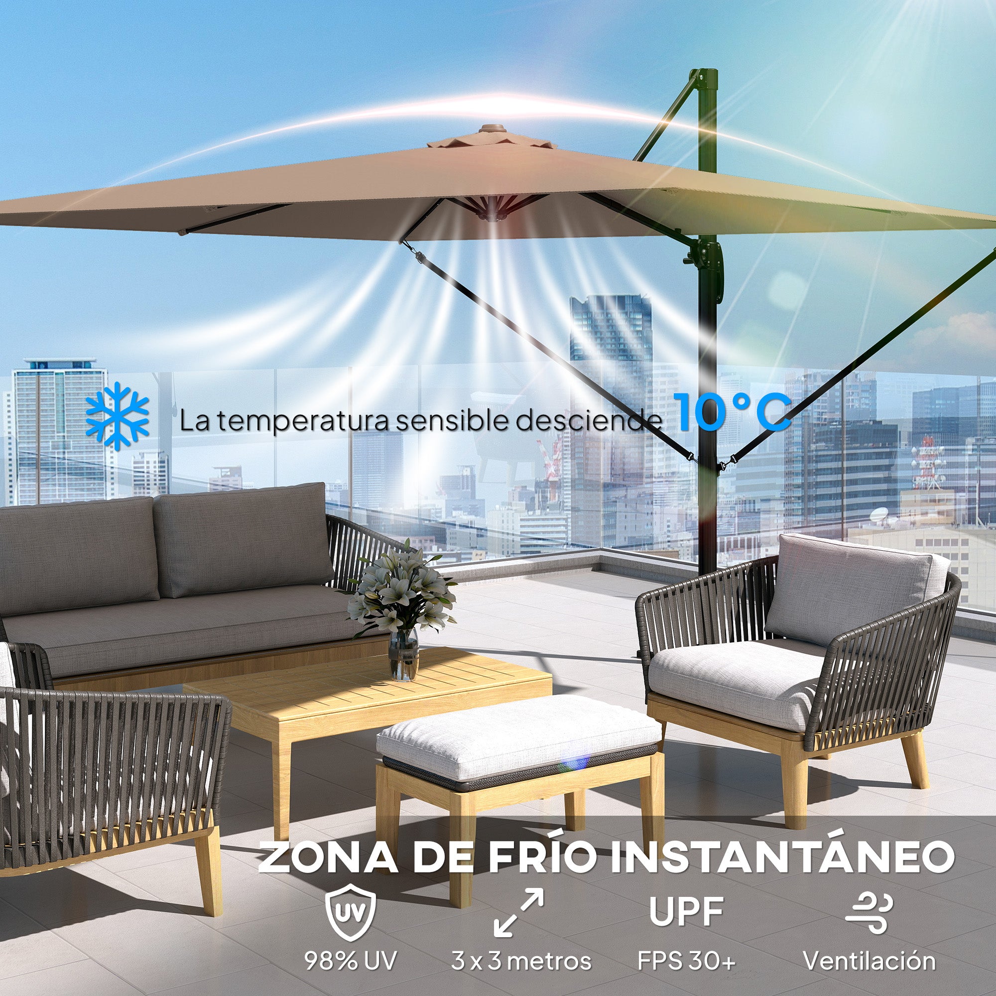 Outsunny Sombrilla de Jardín 2,9x2,9 m, Parasol Excéntrico de Aluminio con Manivela, Toldo Giratorio 360°, Inclinación Ajustable, Base Cruzada y Funda, UPF30+, Sombrilla para Terraza Exterior, Caqui