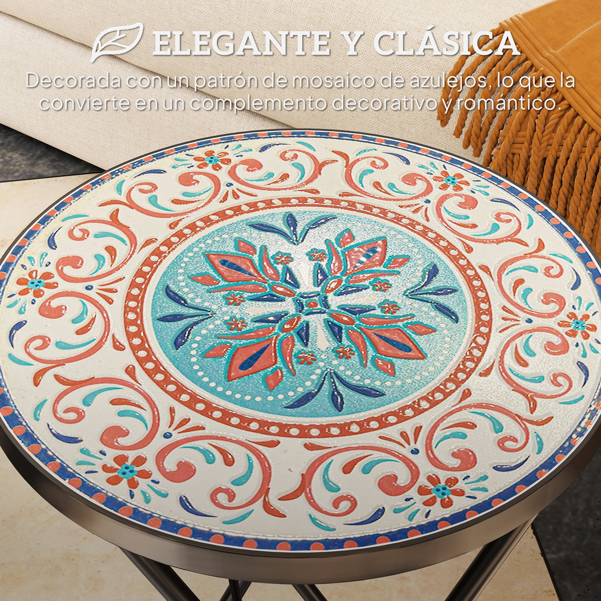 Outsunny Mesa Auxiliar Redonda Mesa de Jardín Exterior Plegable con Encimera de Mosaico y Almohadillas Antideslizantes Mesa para Exterior Terraza Patio Ø35,5x55 cm Multicolor