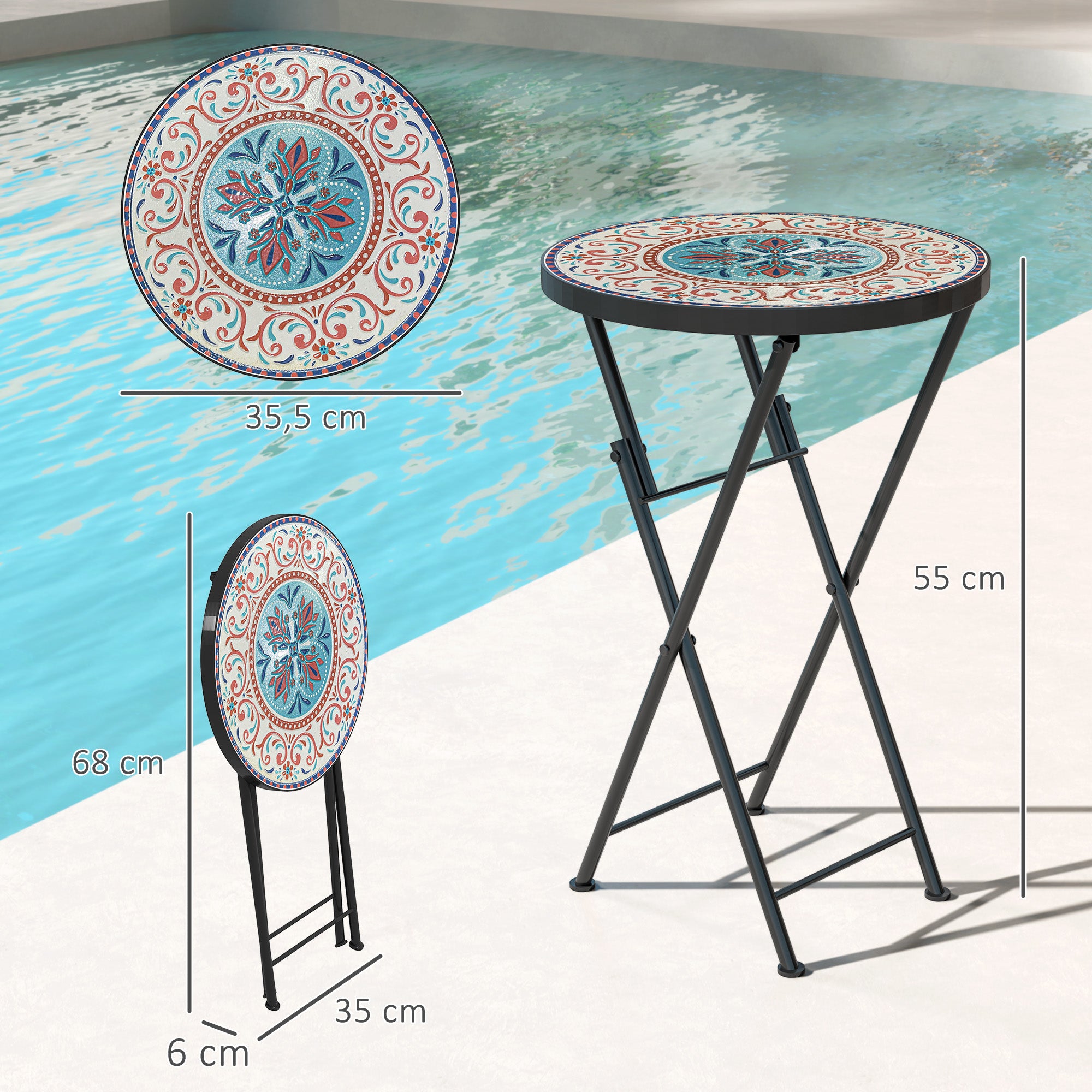 Outsunny Mesa Auxiliar Redonda Mesa de Jardín Exterior Plegable con Encimera de Mosaico y Almohadillas Antideslizantes Mesa para Exterior Terraza Patio Ø35,5x55 cm Multicolor