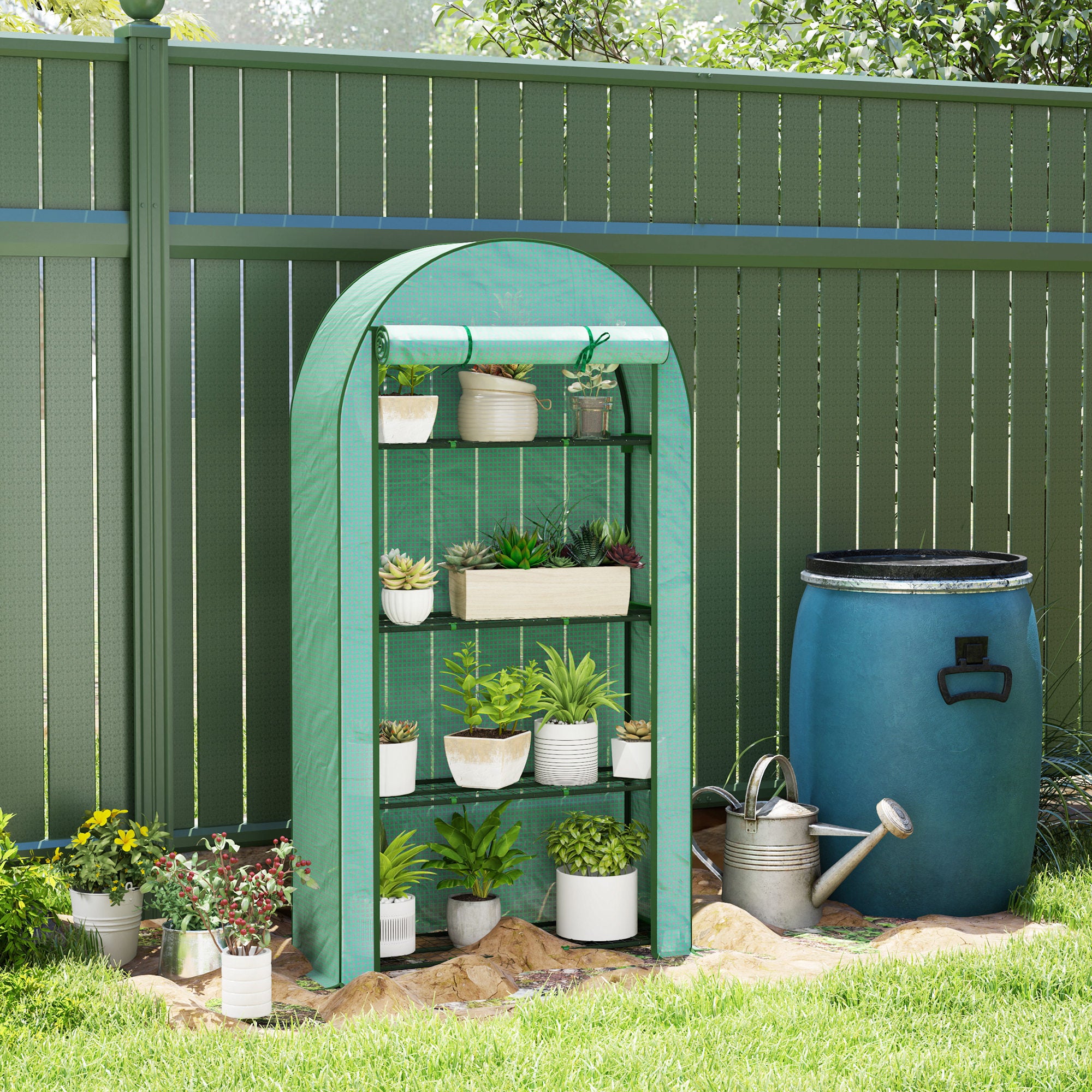 Outsunny Invernadero de Exterior Invernadero Pequeño de 4 Niveles con 4 Estantes Puerta Enrollable Cubierta de PE 140g/m² y Marco de Acero para Cultivos Plantas Flores 105x45x160 cm Verde