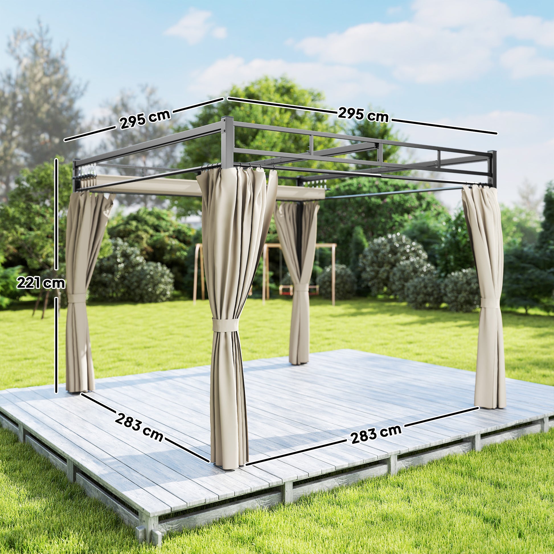 Outsunny Pérgola de Jardín 3x3 m con Techo Retráctil y 4 Cortinas, Cenador de Jardín con Protección UV30+, Impermeable, Estructura Metálica, Pabellón para Patio, Terraza, Exterior, Beige