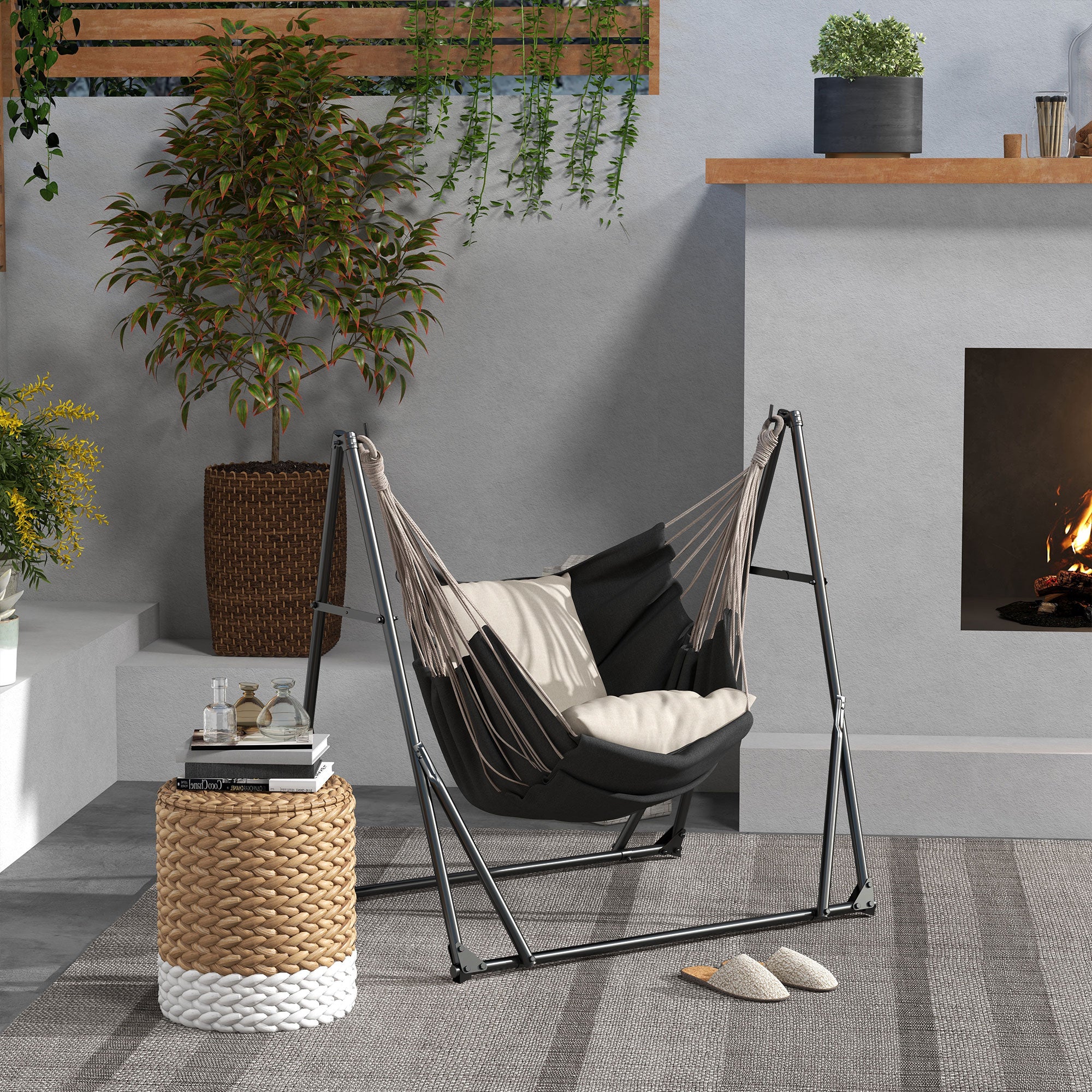 Outsunny Soporte para Hamaca Plegable Portátil, 2 en 1, Soporte para Silla Colgante con Estructura de Metal y Bolsa de Transporte, Carga 120 kg, para Hamaca 2,5 m y Silla 1,5 m de Largo, Negro