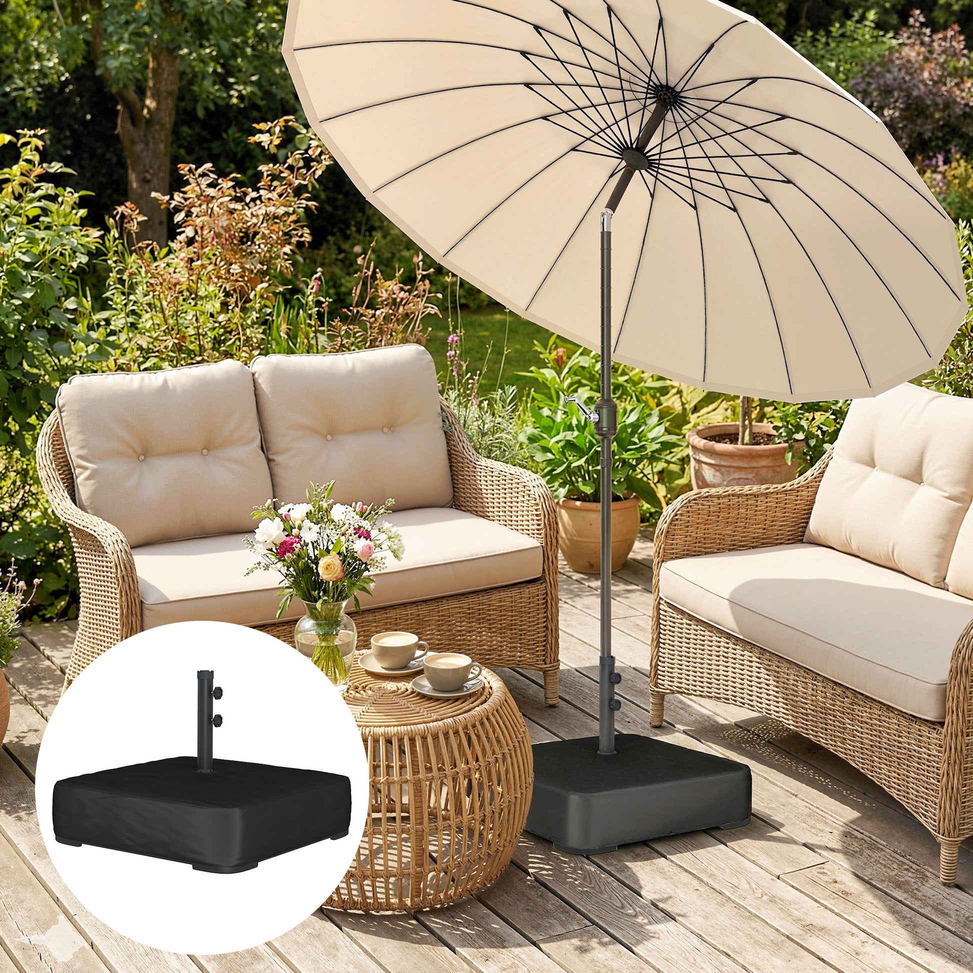 Outsunny Base para Sombrilla Cuadrada con Funda, Soporte de Parasol con Bolsas de Arena, Pie para Sombrilla con Postes Ø48 mm, Rellenable de Arena 80 kg Arena Húmeda 90 kg, para Jardín, Terraza, Negro