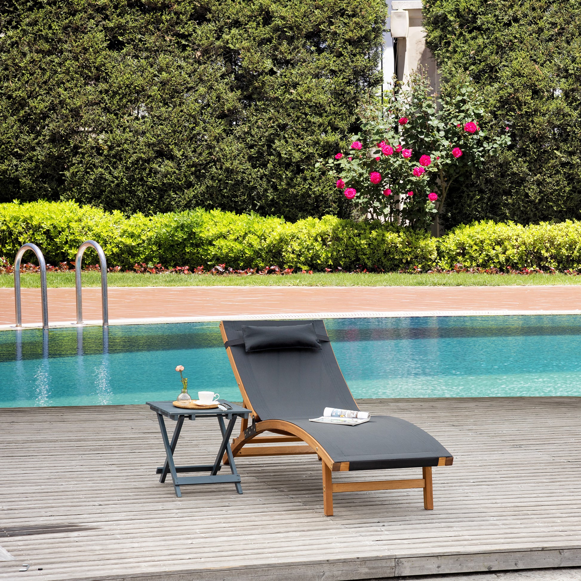 Outsunny Tumbona de Jardín Tipo Hamaca con Altura de Respaldo Ajustable Reposacabeza Extraíble y Marco de Madera Ergonómico para Terraza Playa Exterior 182x64x71 cm Negro